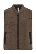 Mos Mosh MMRowe Teddy Waistcoat in Falcon brown – relaxed fit teddy gilet with zip front, contrast piping, and back tape detail available at Dotique