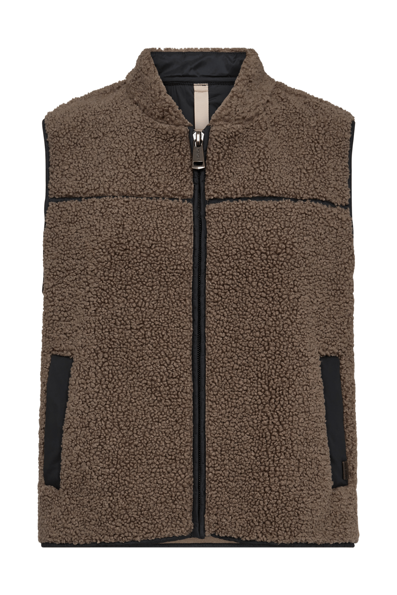 Mos Mosh MMRowe Teddy Waistcoat in Falcon brown – relaxed fit teddy gilet with zip front, contrast piping, and back tape detail available at Dotique