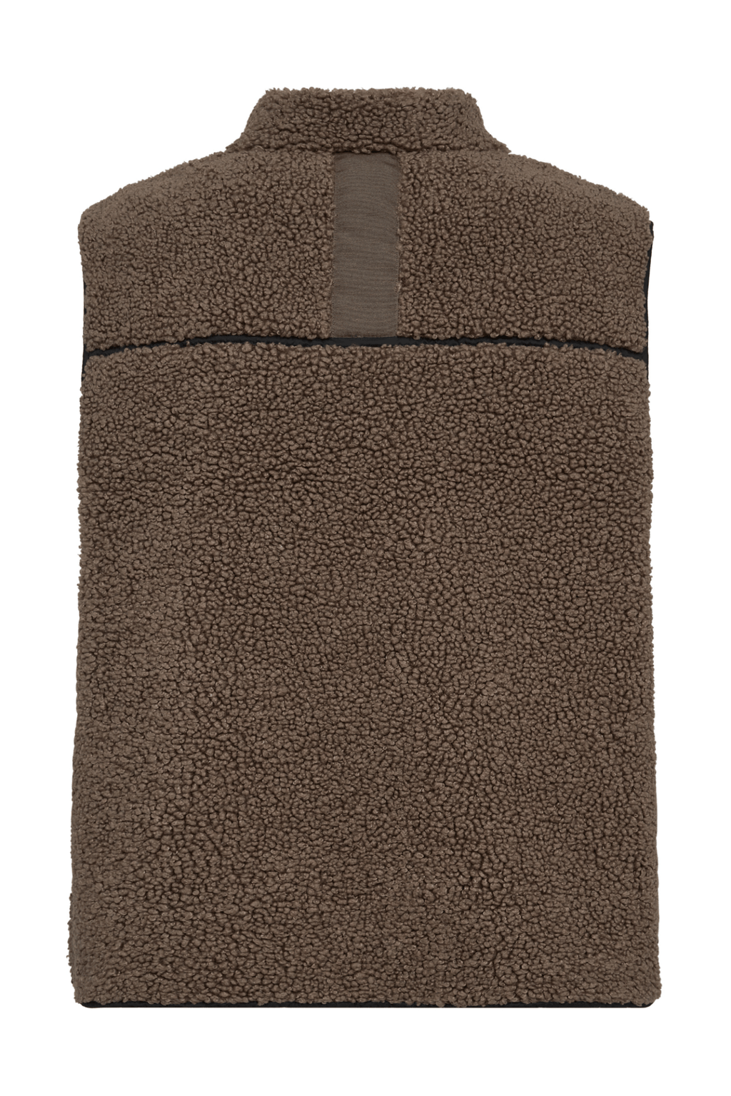 Mos Mosh MMRowe Teddy Waistcoat in Falcon brown – relaxed fit teddy gilet with zip front, contrast piping, and back tape detail available at Dotique