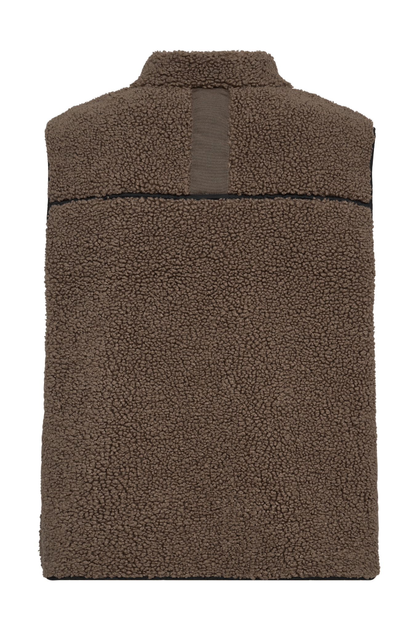 Mos Mosh MMRowe Teddy Waistcoat in Falcon brown – relaxed fit teddy gilet with zip front, contrast piping, and back tape detail available at Dotique