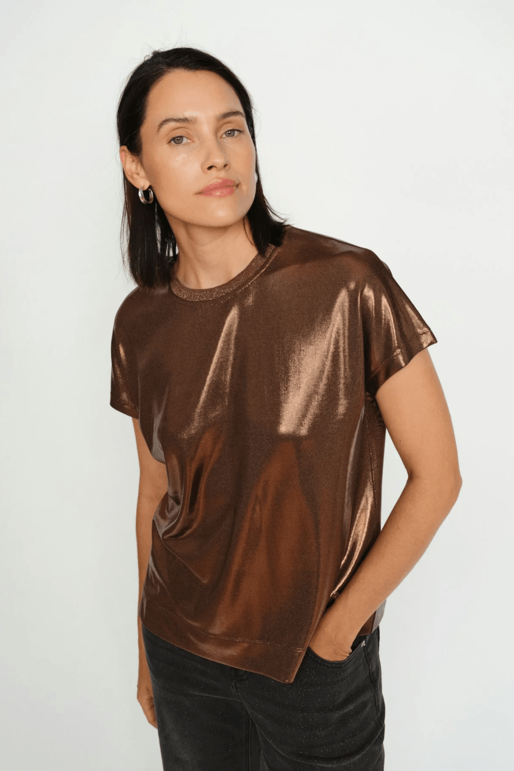 Mos Mosh 167520 MMNivola O - Neck Metallic Tee Bracken - Dotique - Mos Mosh