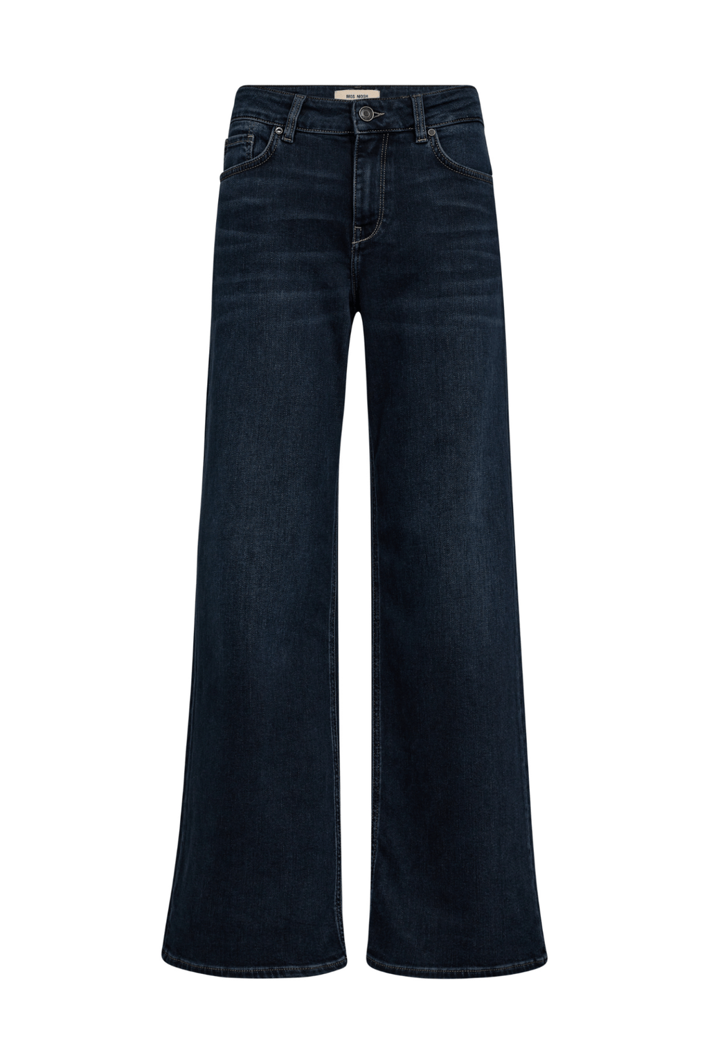 Mos Mosh MMDara Hera Jeans in Dark Blue – high rise wide leg jeans with five-pocket design and leather coin pocket detail available at Dotique
