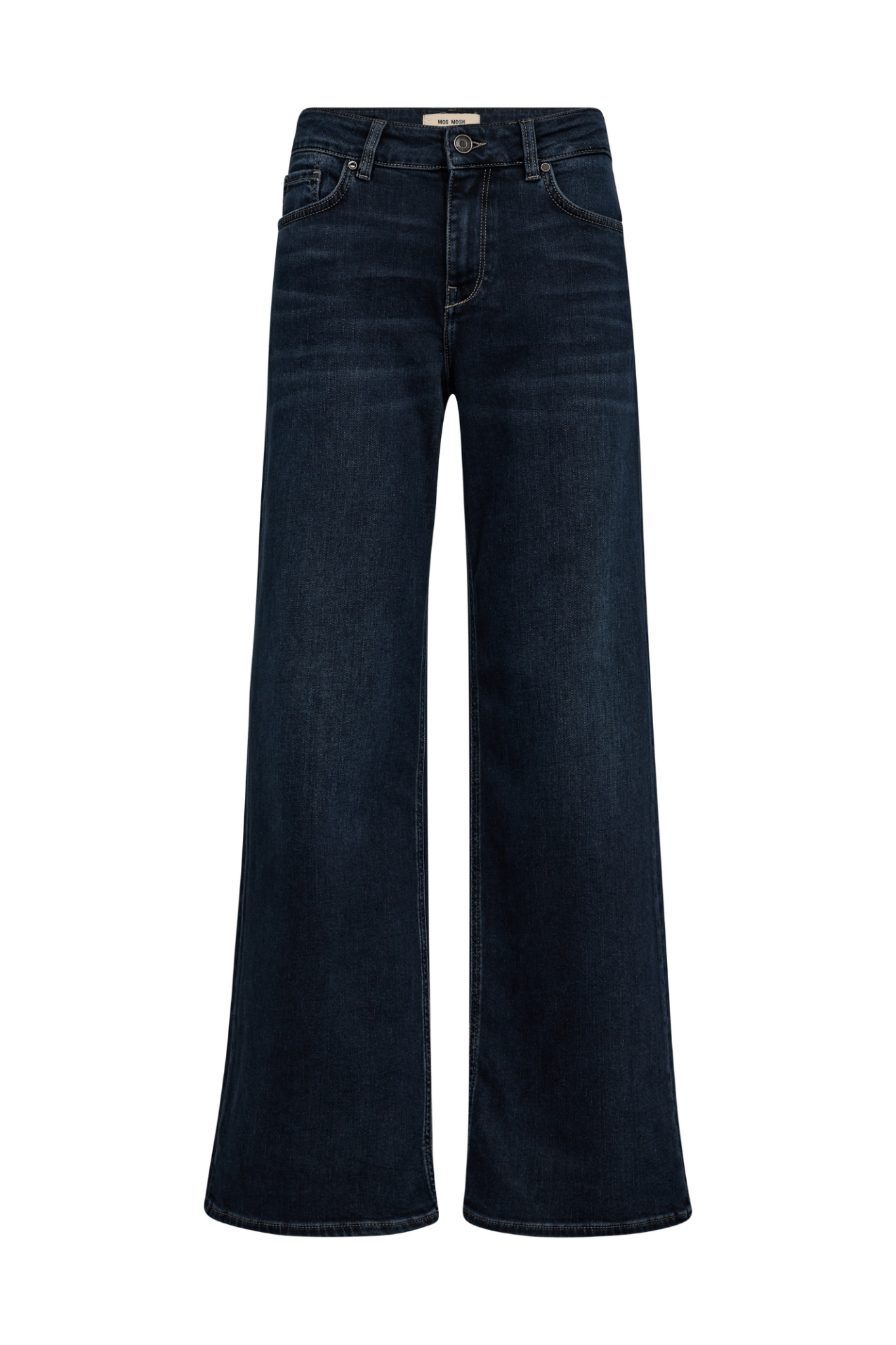 Mos Mosh MMDara Hera Jeans in Dark Blue – high rise wide leg jeans with five-pocket design and leather coin pocket detail available at Dotique
