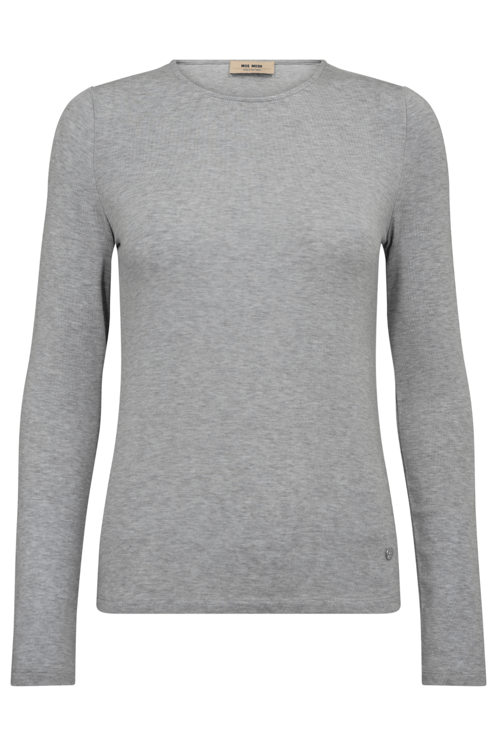 Mos Mosh MMPetri O-LS Tee in Mockingbird grey – long sleeve fitted lyocell wool blend top available at Dotique