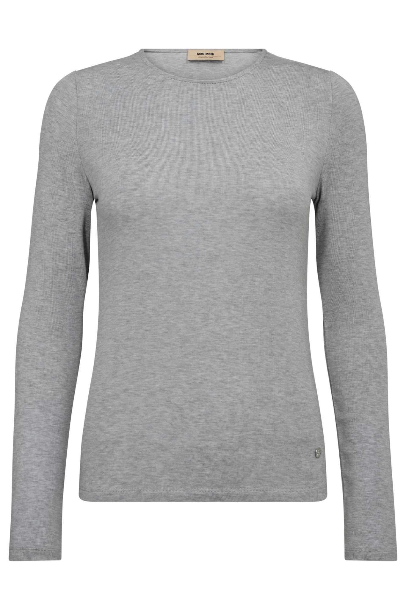 Mos Mosh MMPetri O-LS Tee in Mockingbird grey – long sleeve fitted lyocell wool blend top available at Dotique