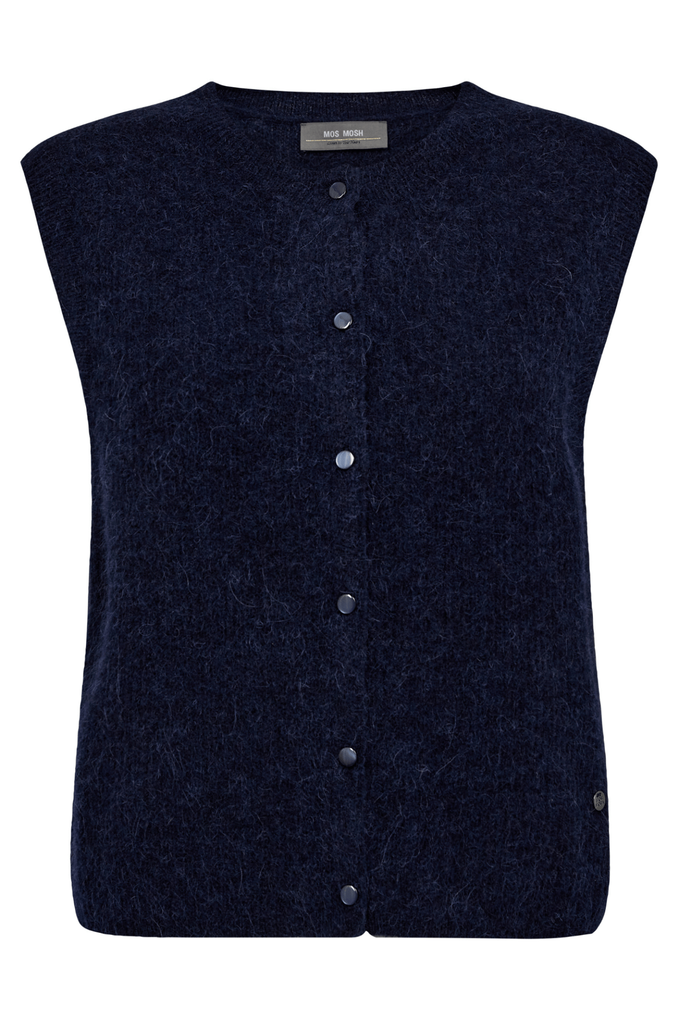 Mos Mosh MMAlmine Thora Knit Vest in Maritime Blue – alpaca wool blend sleeveless knitted vest with button closure available at Dotique
