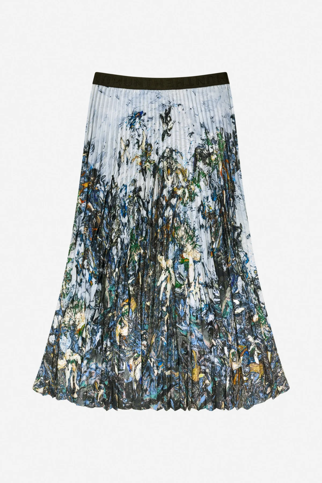 Shop the MUNTHE Charming Skirt in Print Grey at Dotique. A pleated midi skirt with an exclusive graphic print, elasticated waistband and beautifully flowing silhouette.