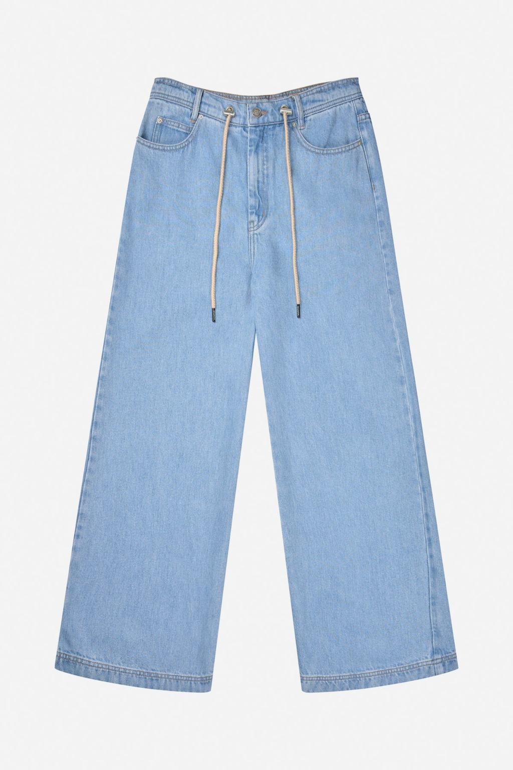 Shop the MUNTHE Obey Trousers in Light Blue at Dotique. Crafted from 100% TENCEL™ with a flattering wide-leg fit, tie waist and soft denim-look finish.