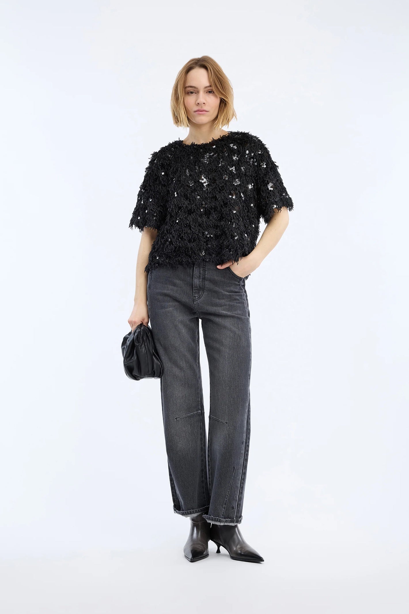 MUNTHE Valence Sequin & Fringe Top – Black