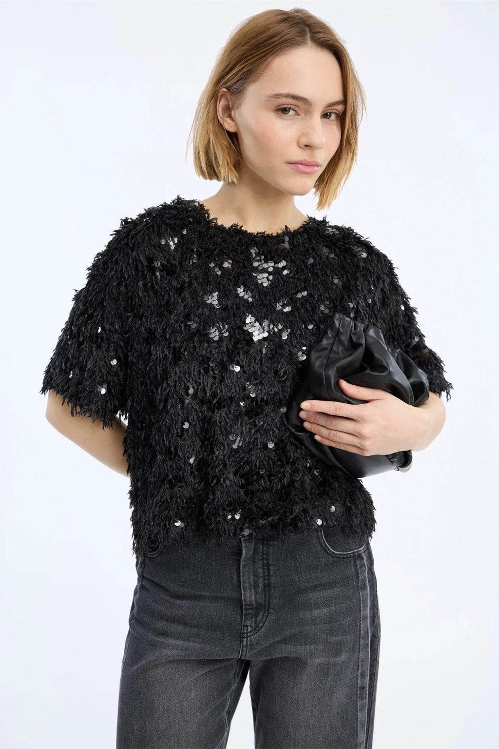 MUNTHE Valence Sequin & Fringe Top – Black