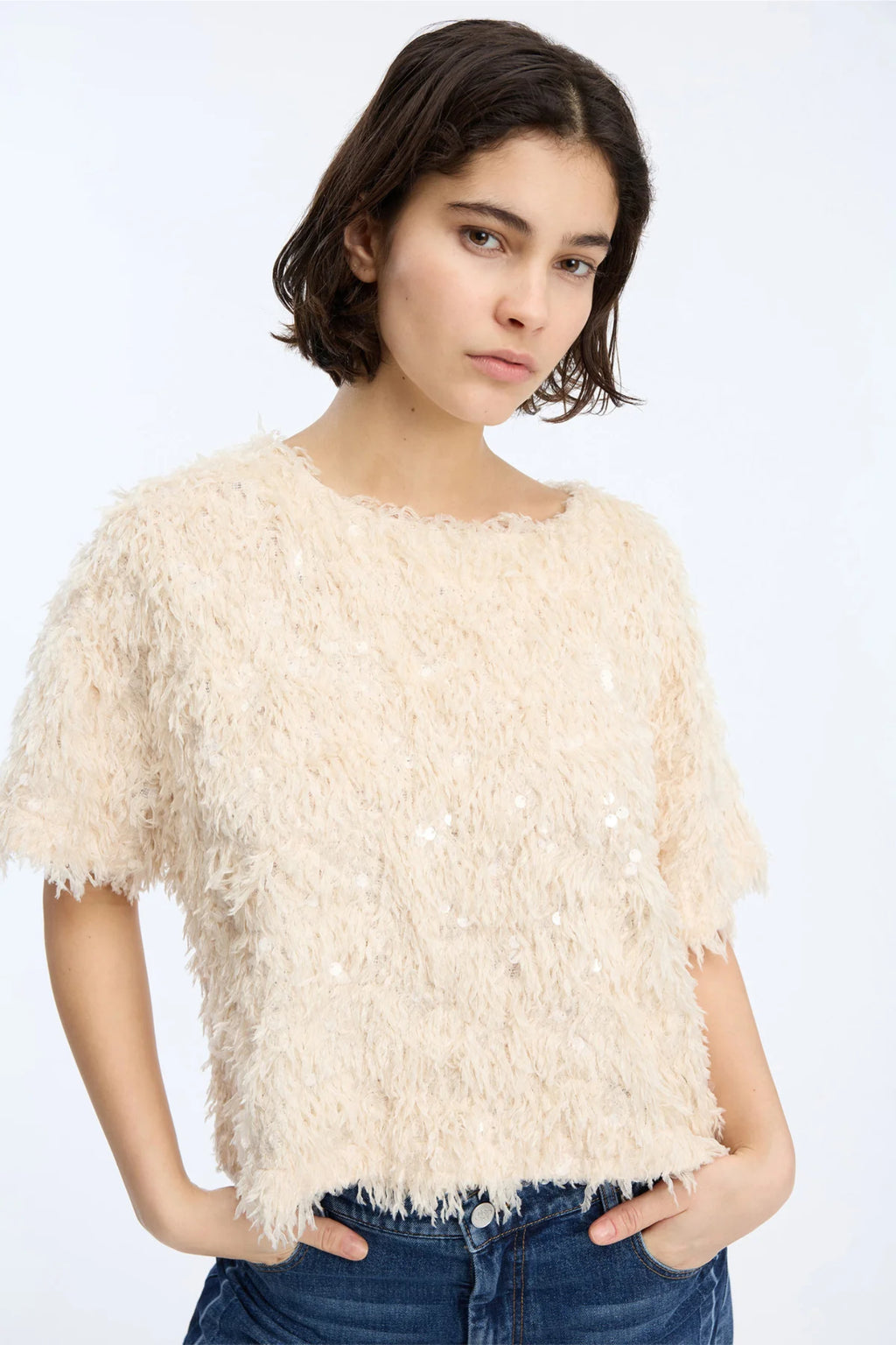 MUNTHE Valence Sequin & Fringe Top – Creme