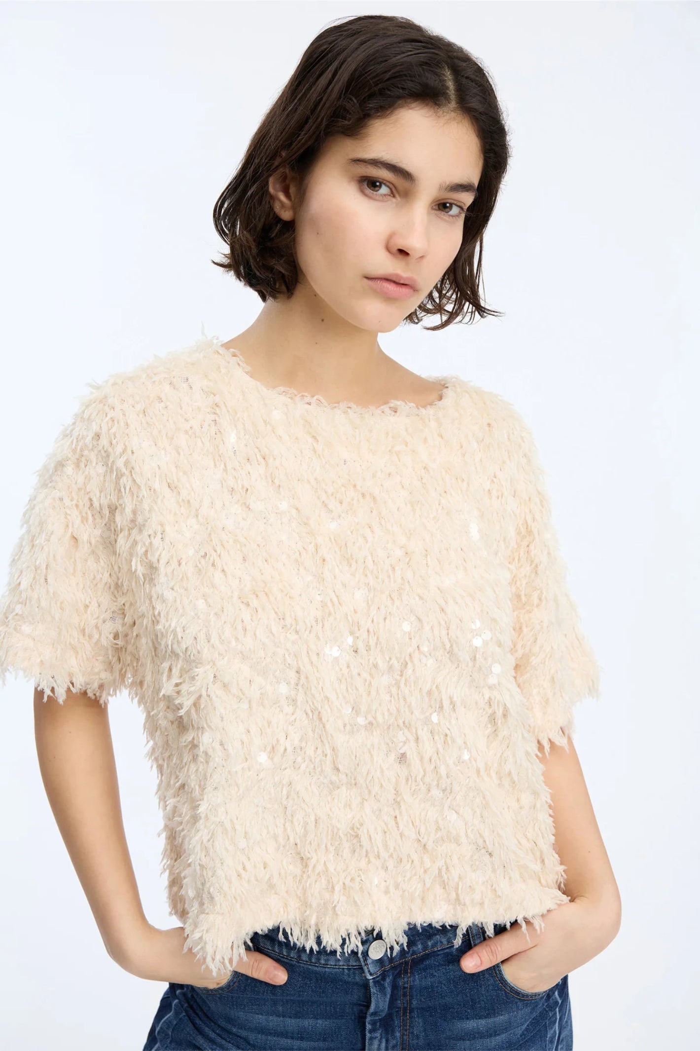 MUNTHE Valence Sequin & Fringe Top – Creme