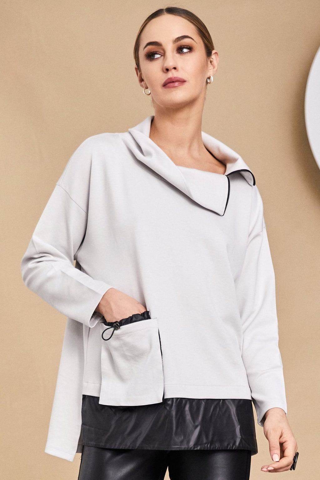 Naya 158 Sand Black High Neck Pocket & Contrast Hem Top - Dotique