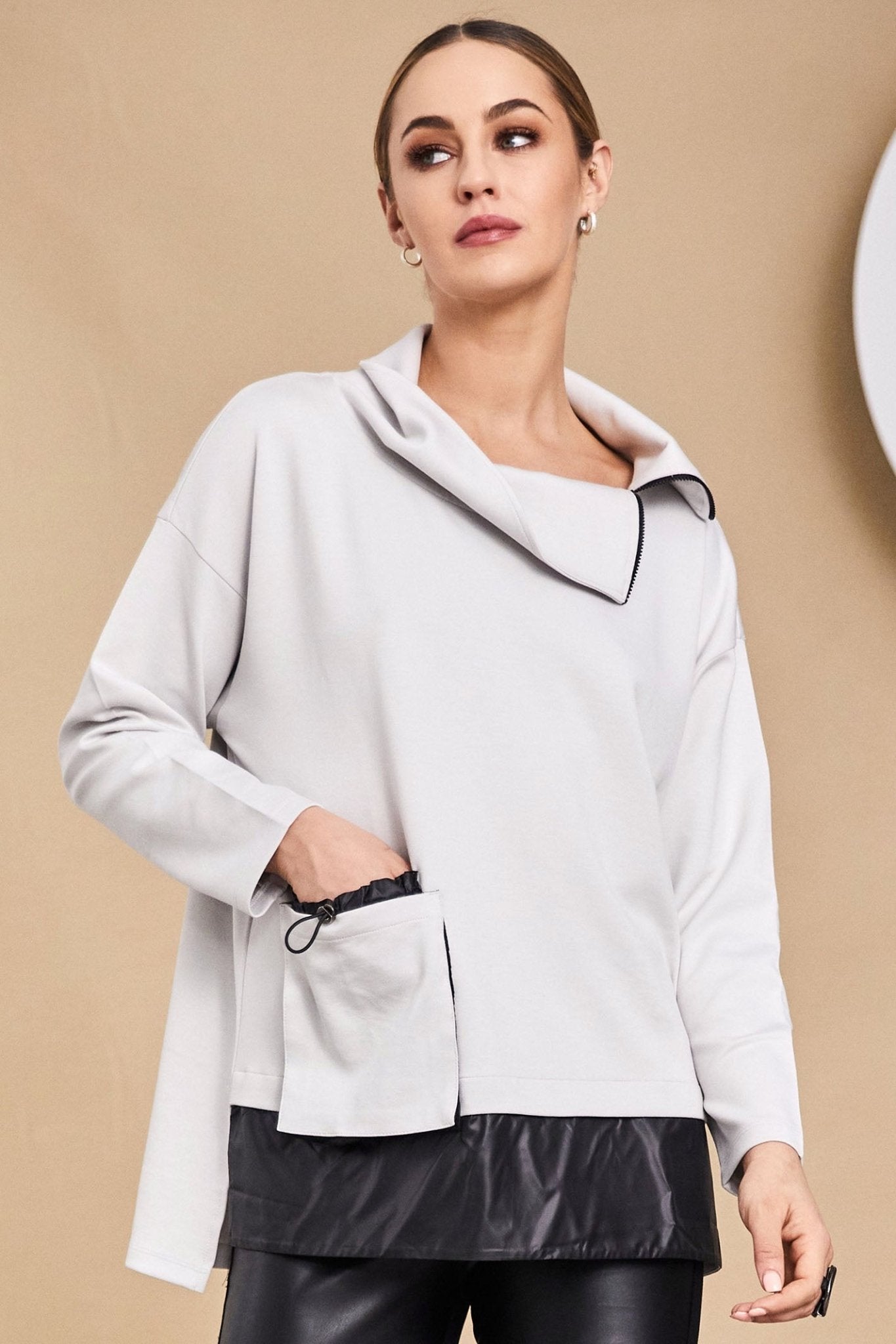 Naya 158 Sand Black High Neck Pocket & Contrast Hem Top - Dotique