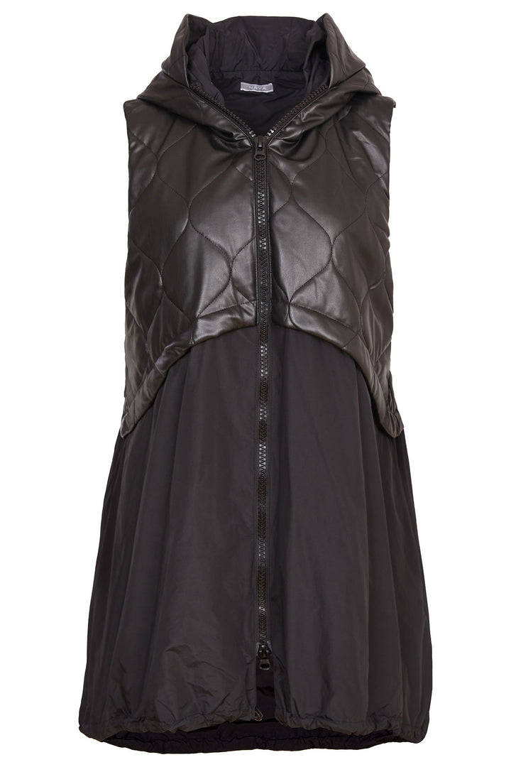 Naya 200 Black Long Hooded Gilet Quilt Leatherette Detailing - Dotique