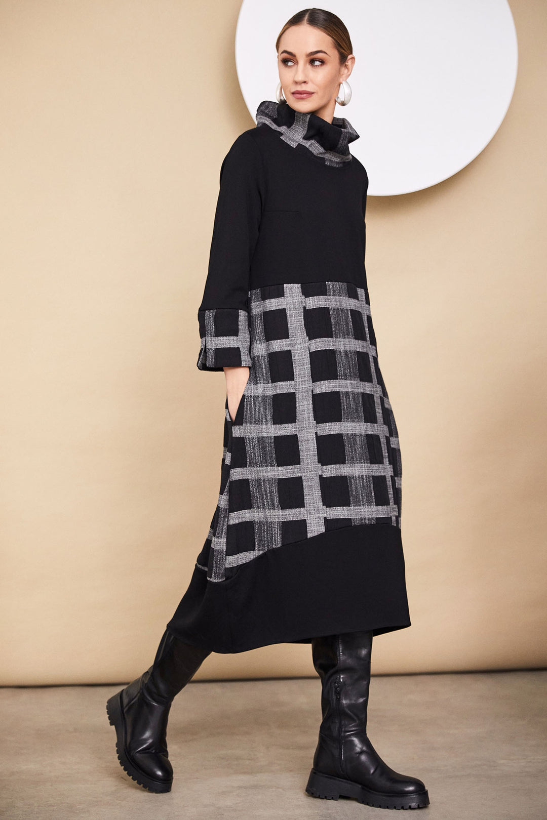 Naya 214 Black Grey Check Cowl Neck Dress - Dotique