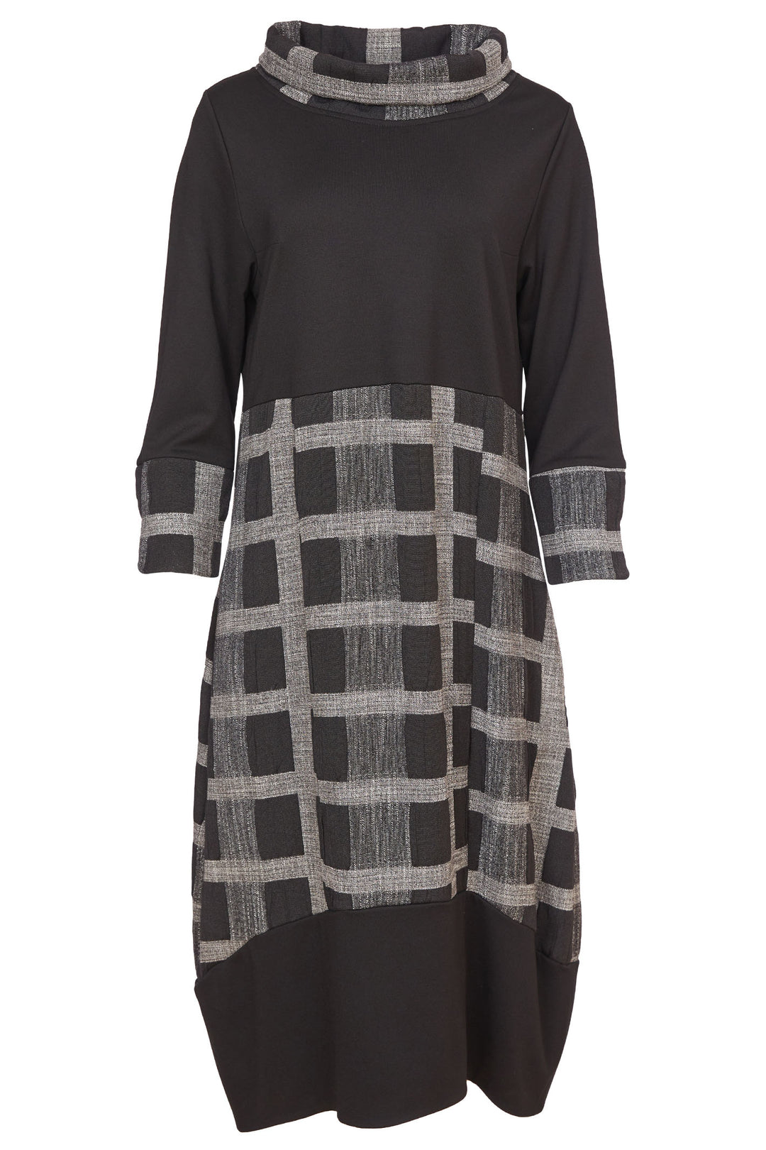 Naya 214 Black Grey Check Cowl Neck Dress - Dotique