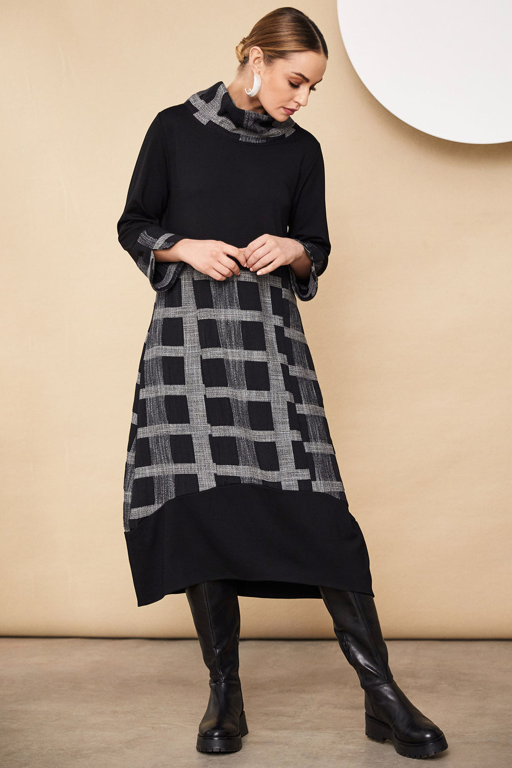 Naya 214 Black Grey Check Cowl Neck Dress - Dotique