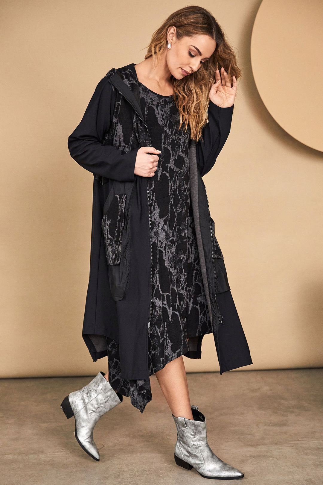 Naya 285 Black Grey Jacquard Knit Ruched Pocket Hooded Coat - Dotique