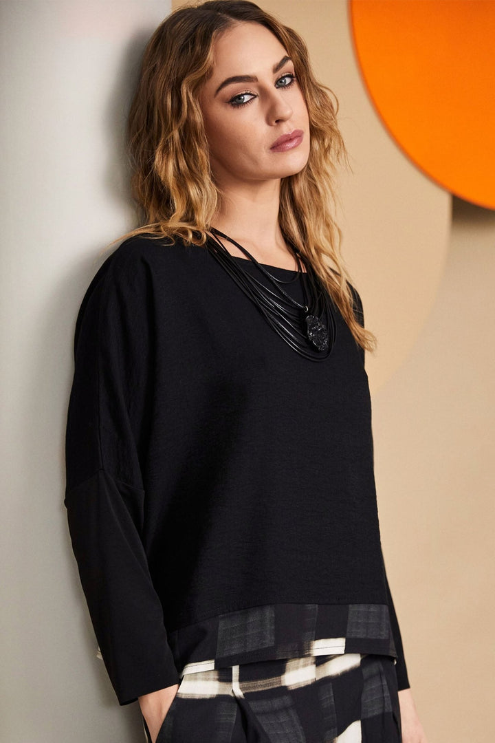 Naya 300 Black Butter Square Shape Top with Block Print Band - Dotique