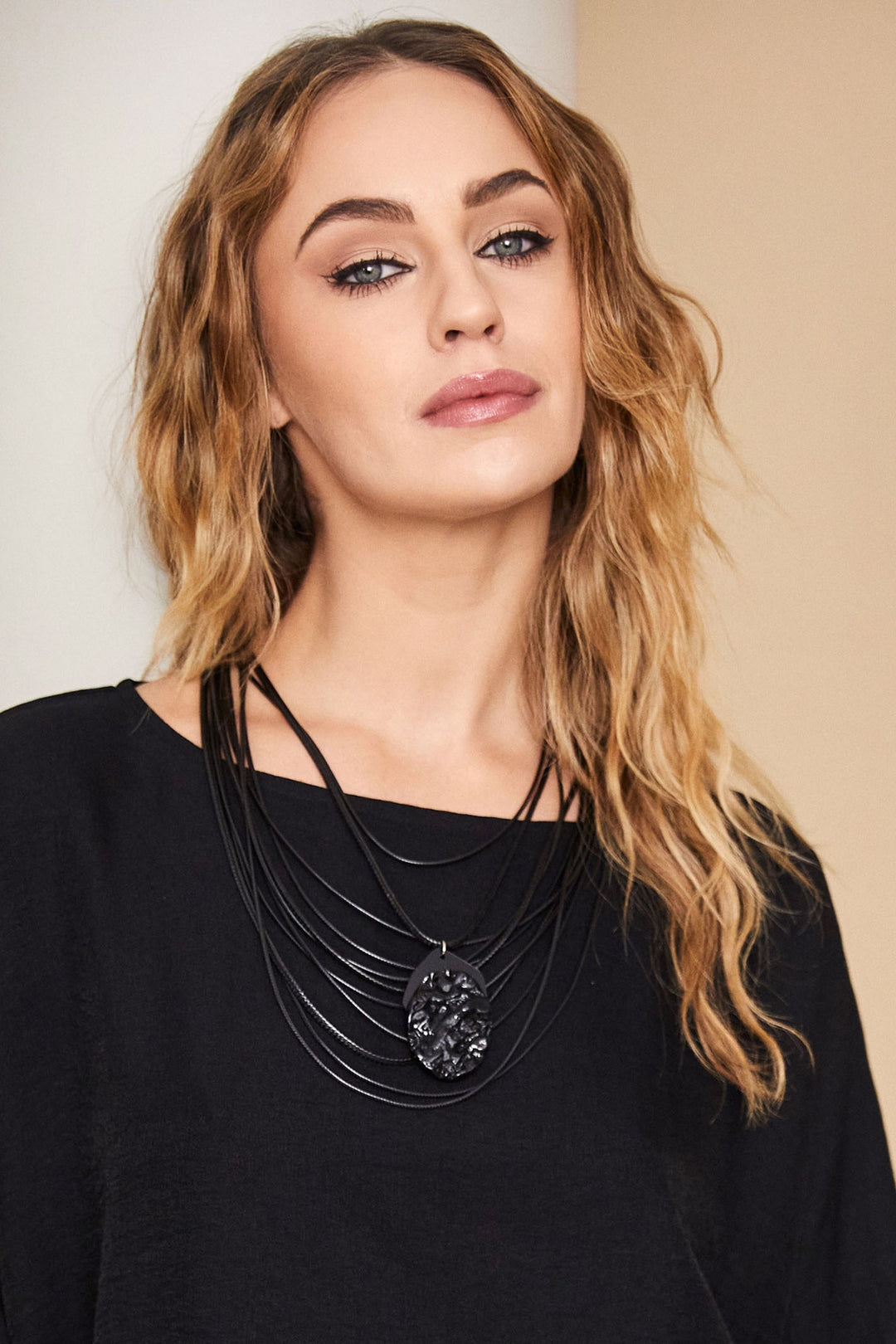 Naya 319 Black Multi Strand Mottled Stone Necklace - Dotique