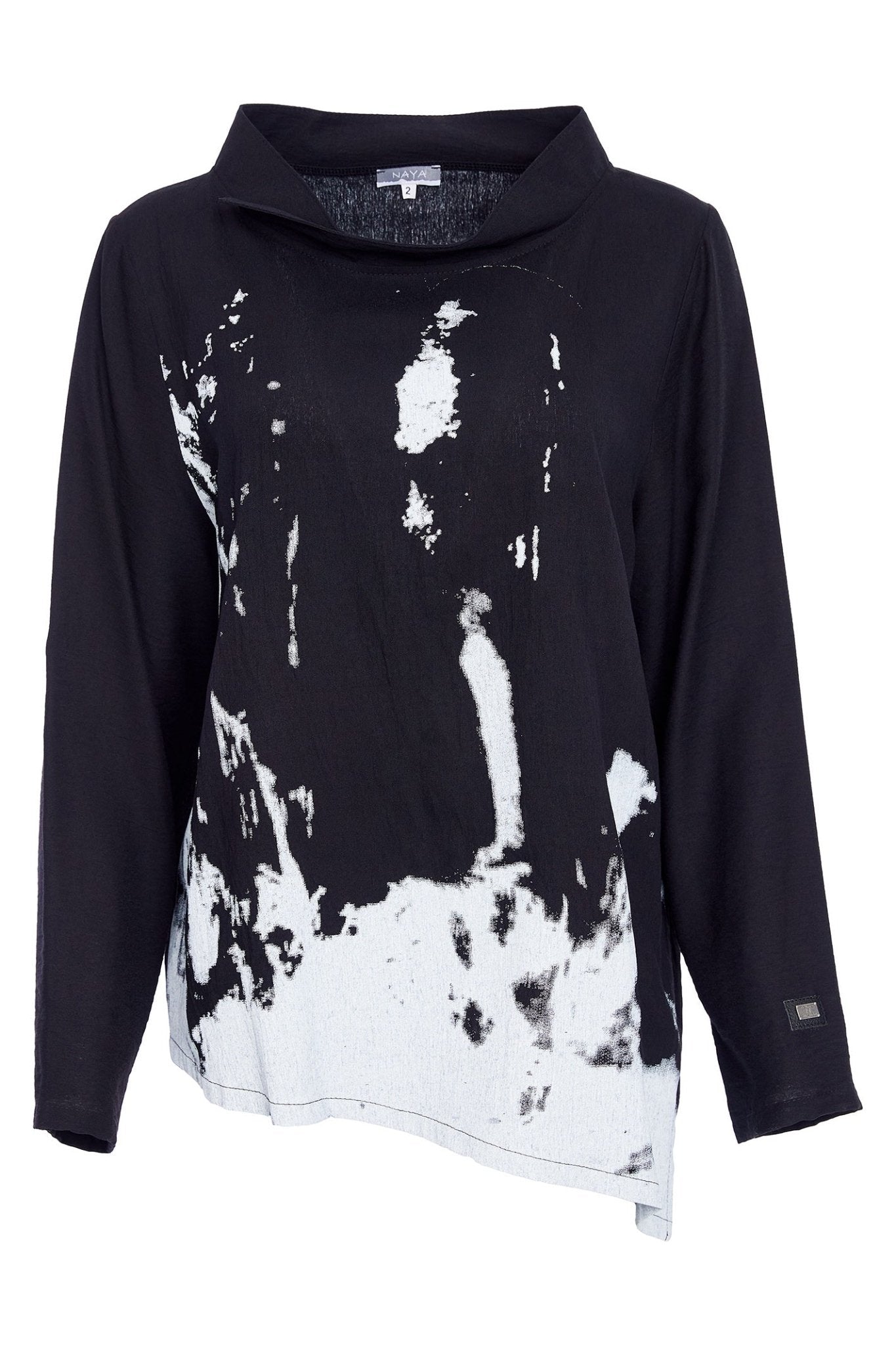 Naya MA25237 Black White Print Angled Hem Top With Raised Collar - Dotique - Naya