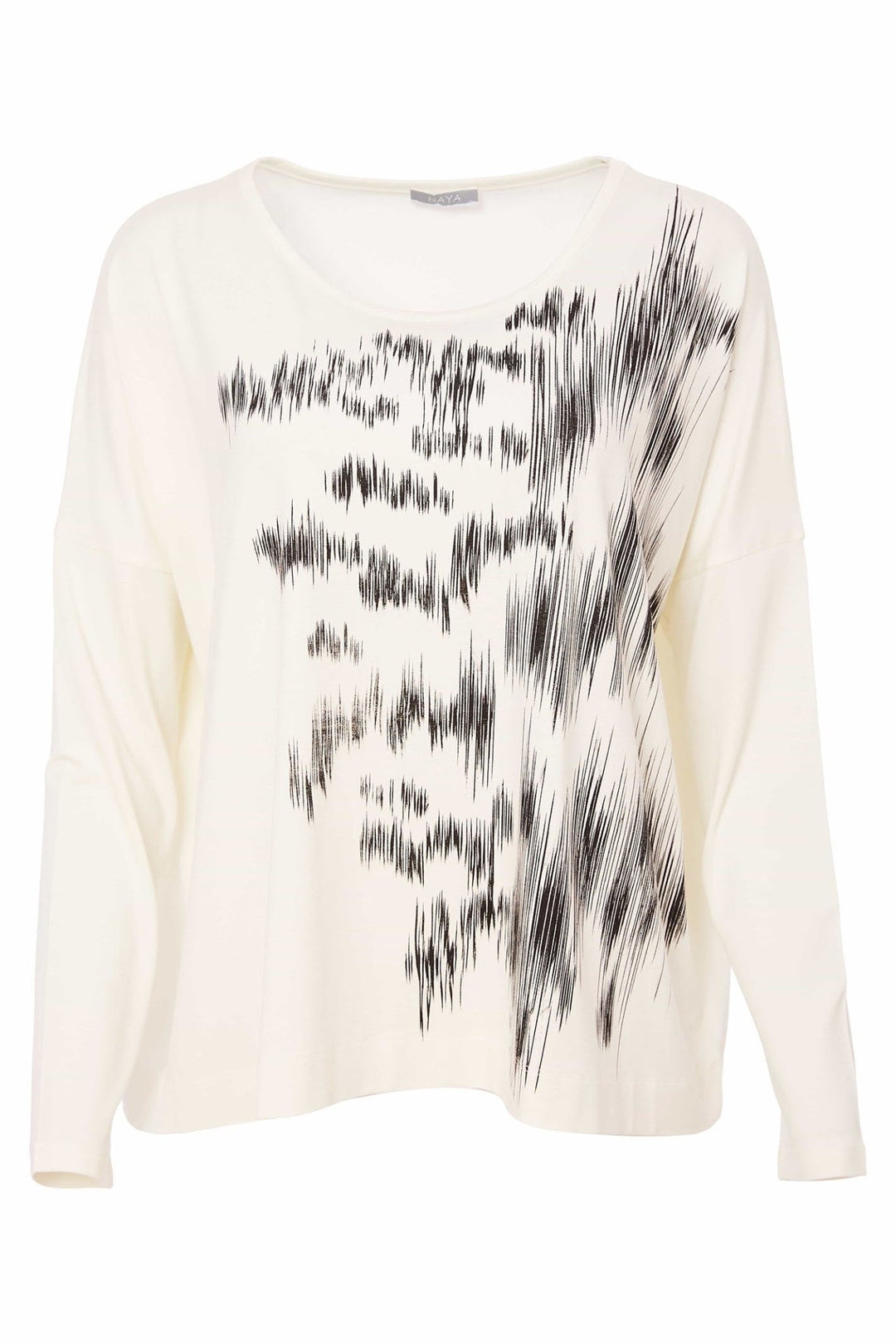 Naya NAS25287 Off White/ Black Brush Print Box Shape Round Neck Top - Dotique - Naya