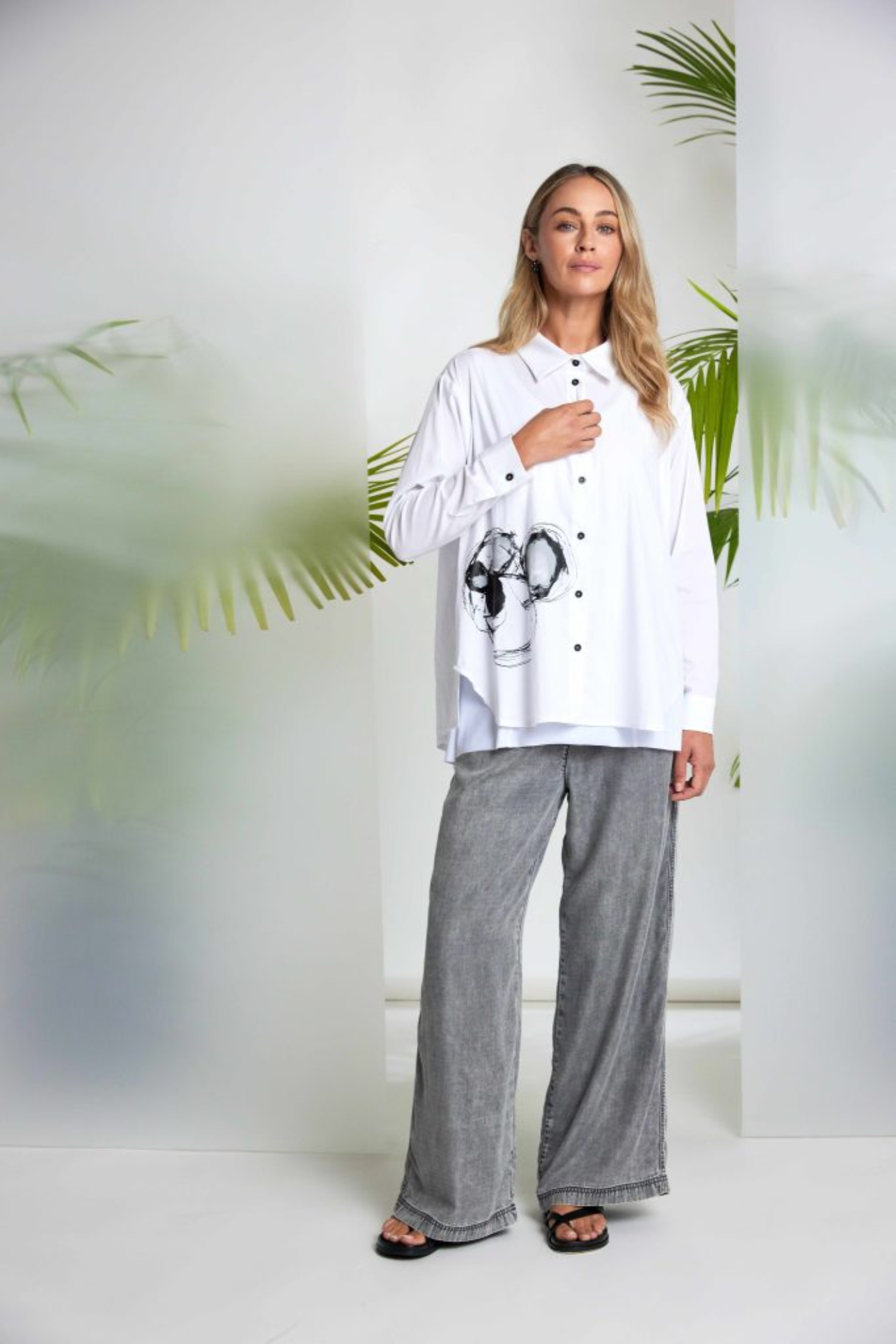 Model wearing Naya NAS26137 Granite Grey Wide Leg Pull-On Trousers by Naya Shop Naya at Dotique