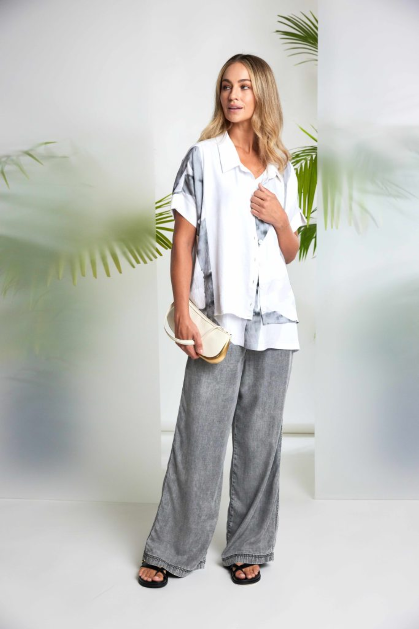Model wearing Naya NAS26137 Granite Grey Wide Leg Pull-On Trousers by Naya, shop Naya at Dotique in stylish casual look