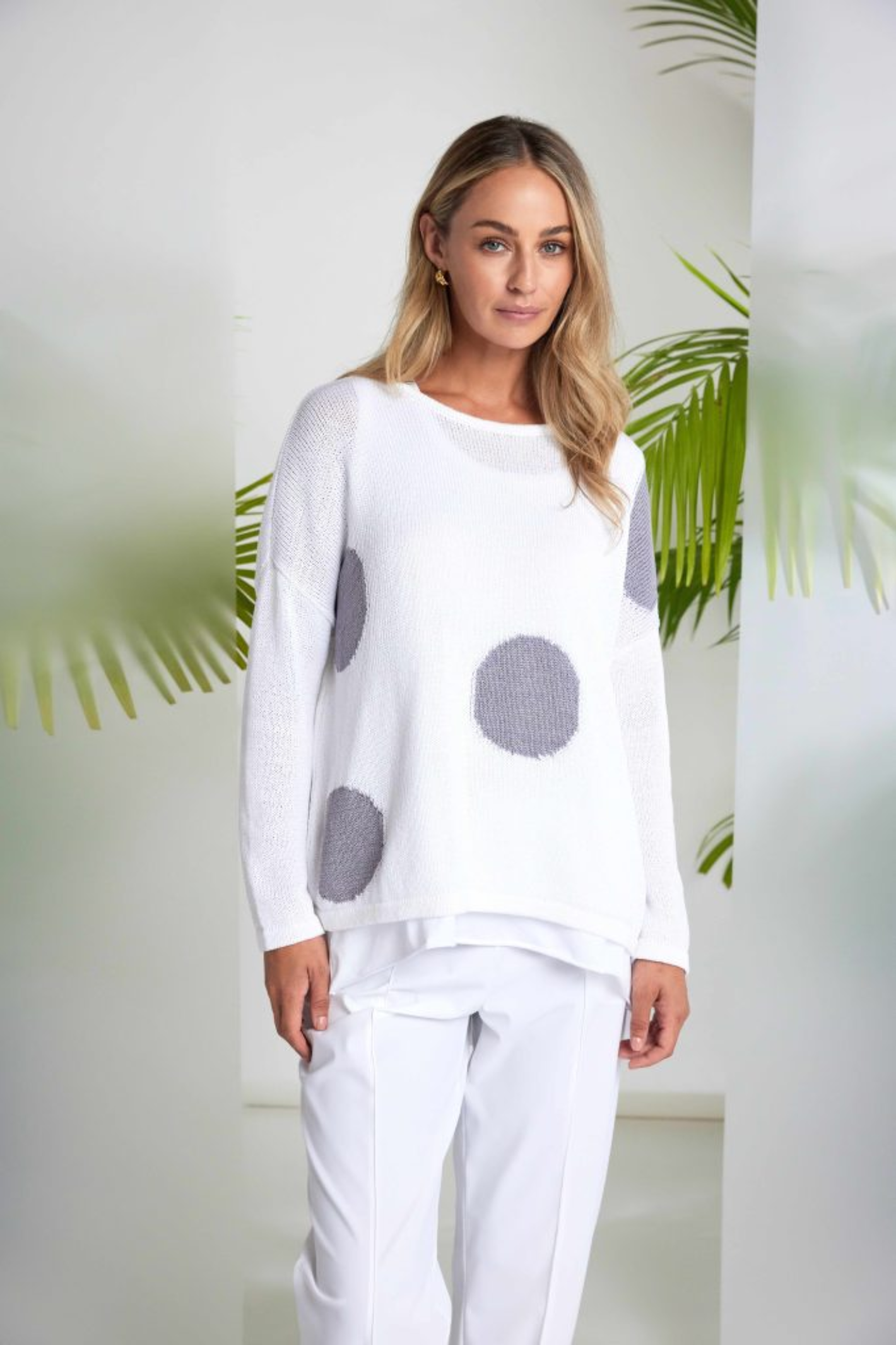 Model wearing Naya NAS26142 White Dove Grey Spot Print Organic Jumper by Naya, shop Naya at Dotique in fresh knitwear style