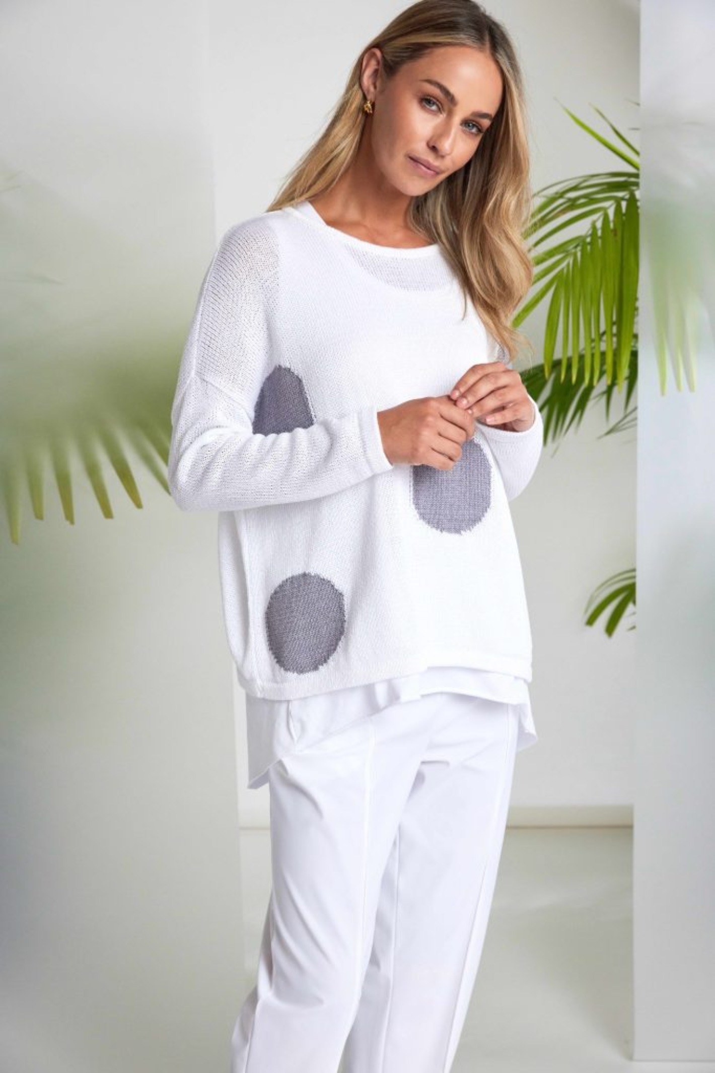 Model wearing Naya NAS26142 White Dove Grey Spot Print Organic Jumper by Naya, shop Naya at Dotique in fresh knitwear style