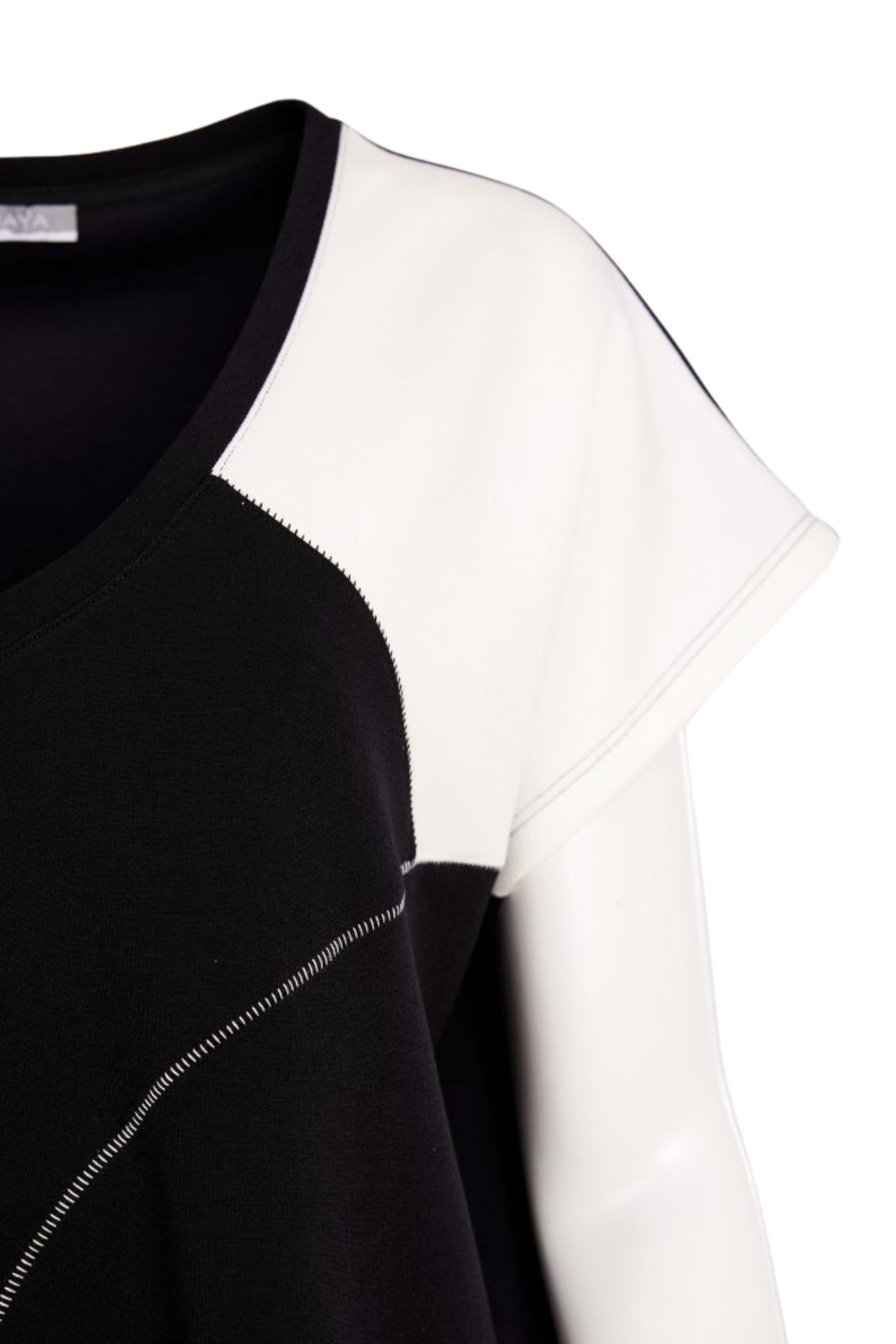 Close-up of Naya NAS26192 Black Off White V-Neck Top with contrast shoulder detail by Naya shop at Dotique