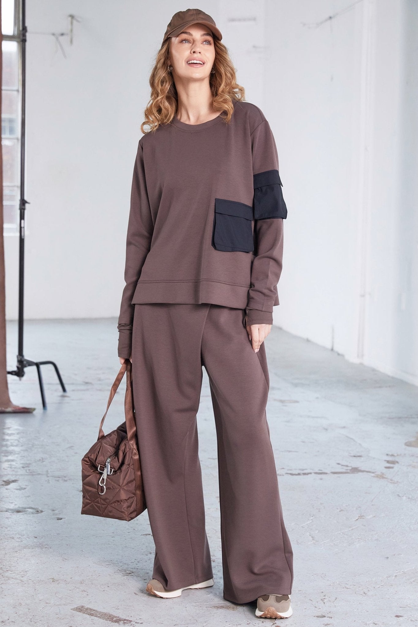 Naya NAW25137 Cocoa Brown Soft Slim Leg Trouser with Wrap over Waist - Dotique - Naya