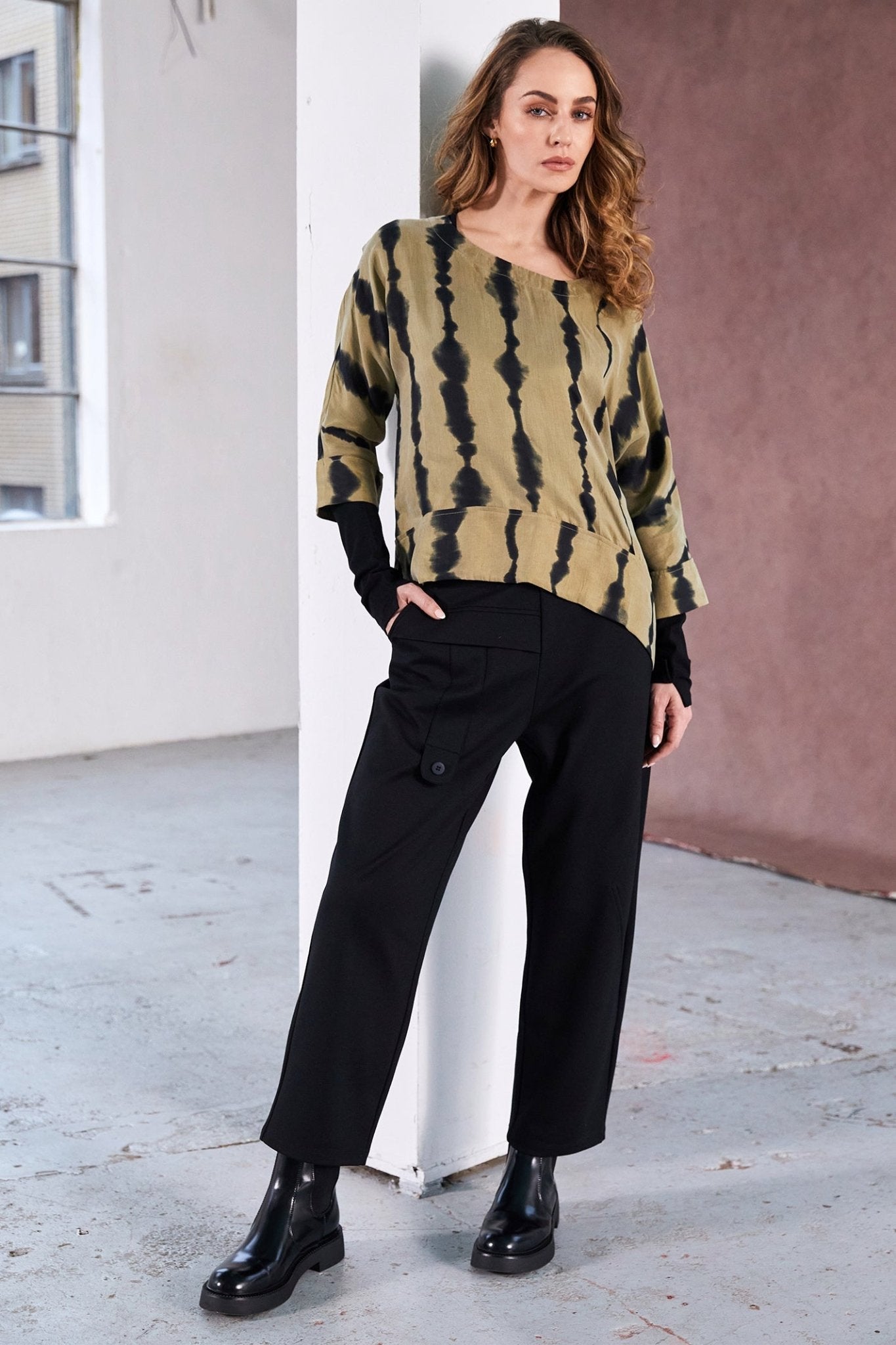 Naya NAW25139 Black Elastic Waist Trouser with Tab detail and Inset at Side Seam - Dotique - Naya