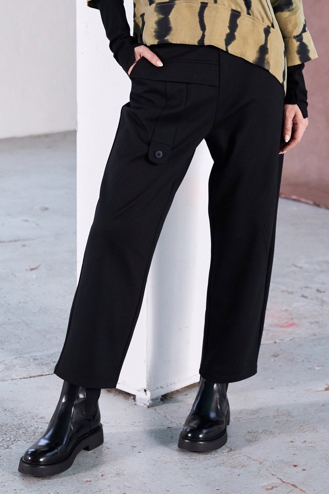 Naya NAW25139 Black Elastic Waist Trouser with Tab detail and Inset at Side Seam - Dotique - Naya