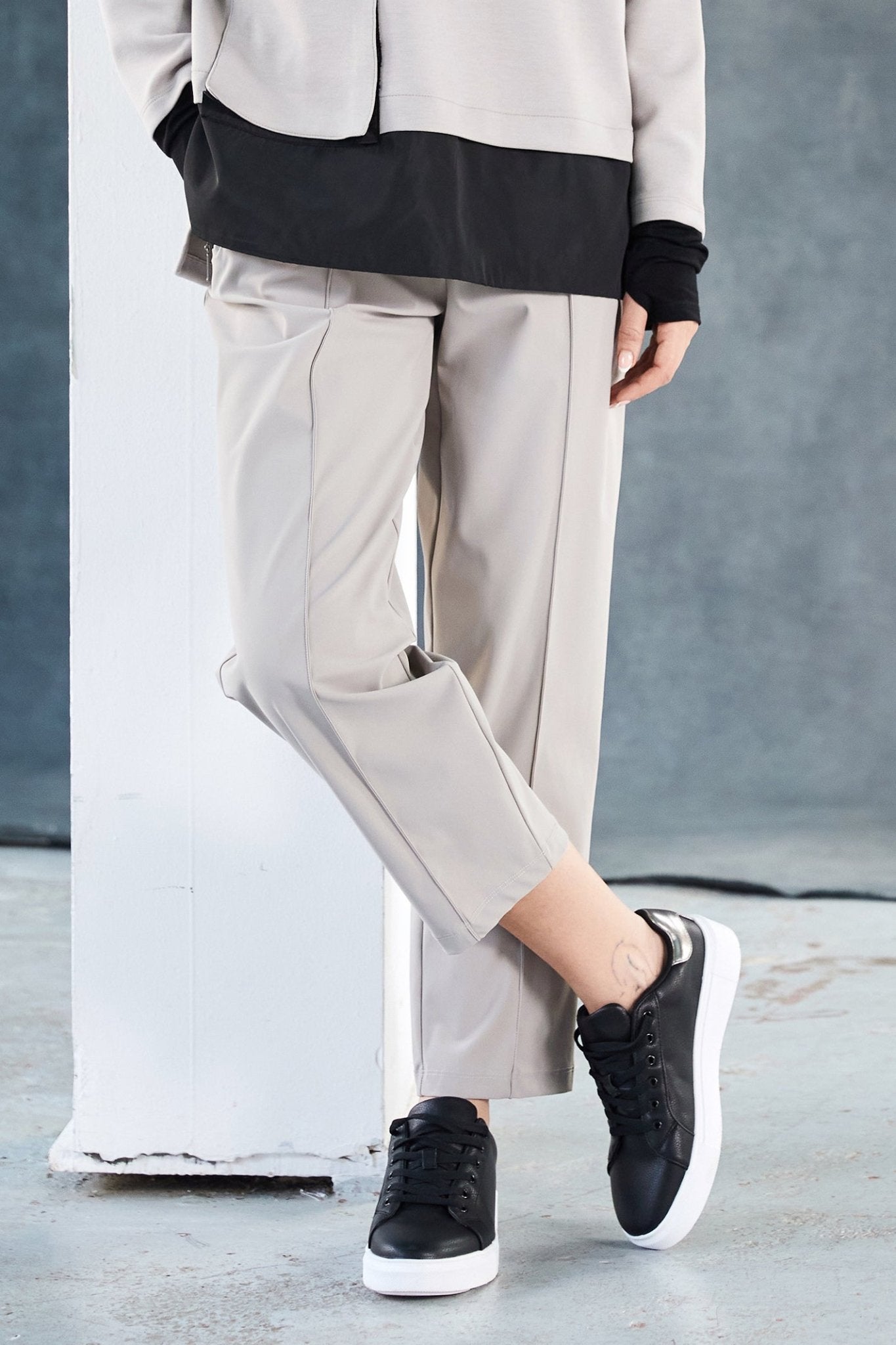 Naya NAW25143 Taupe Slim Leg Drawstring Trouser with Jeet Pocket at Front - Dotique - Naya