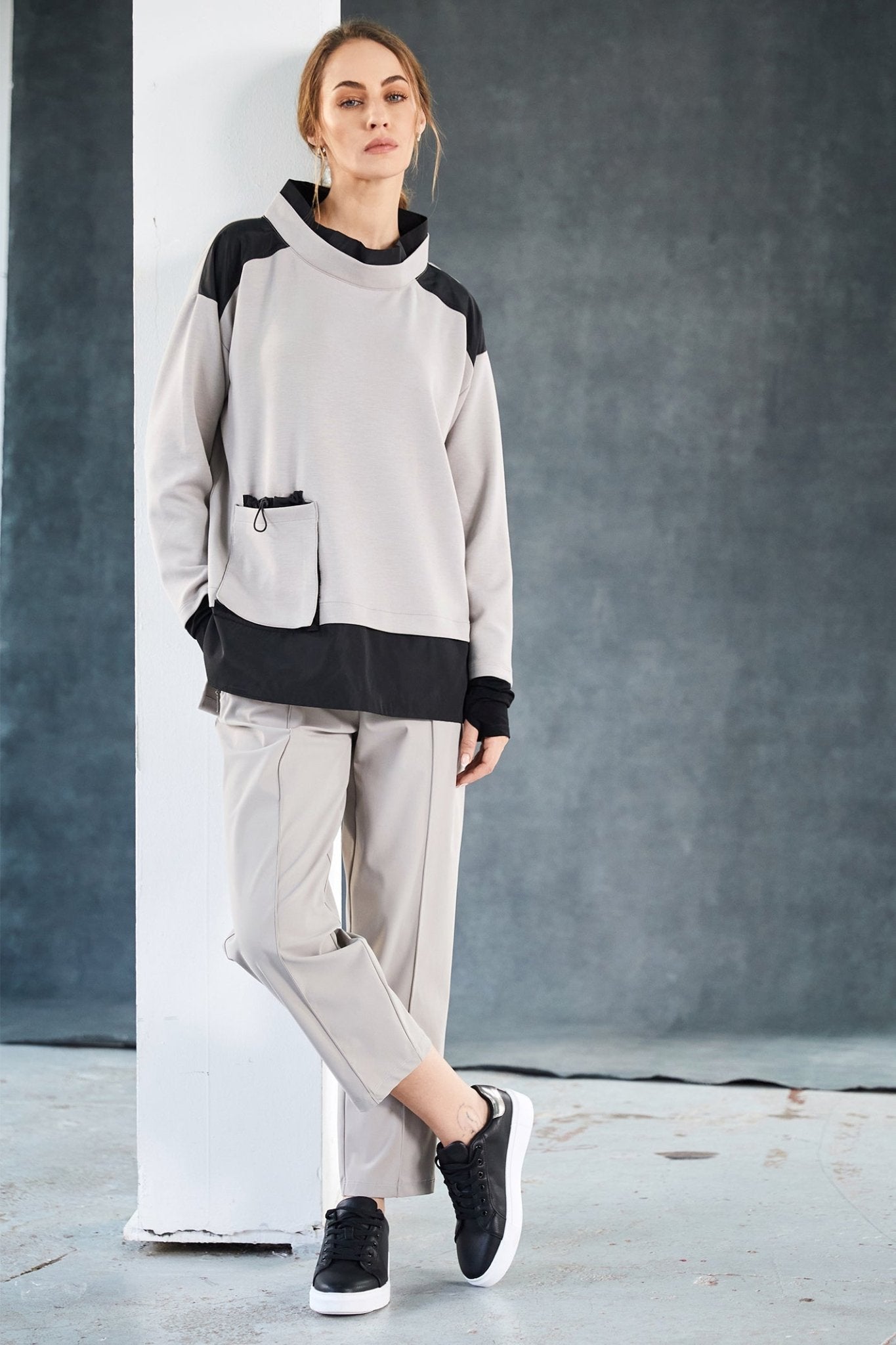 Naya NAW25143 Taupe Slim Leg Drawstring Trouser with Jeet Pocket at Front - Dotique - Naya