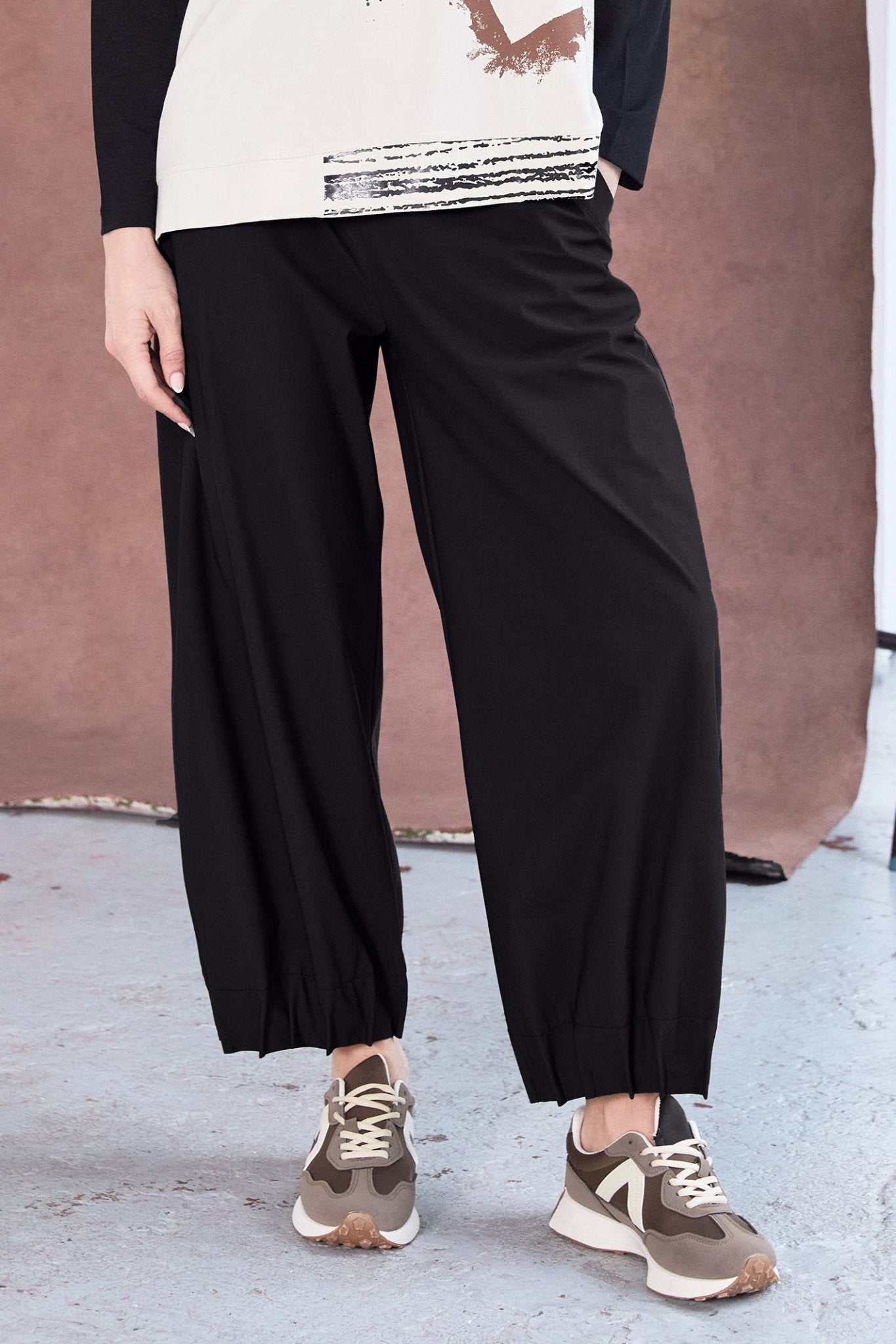 Naya NAW25153 Black Wide Leg Trouser with Tuck Hem Detail - Dotique - Naya