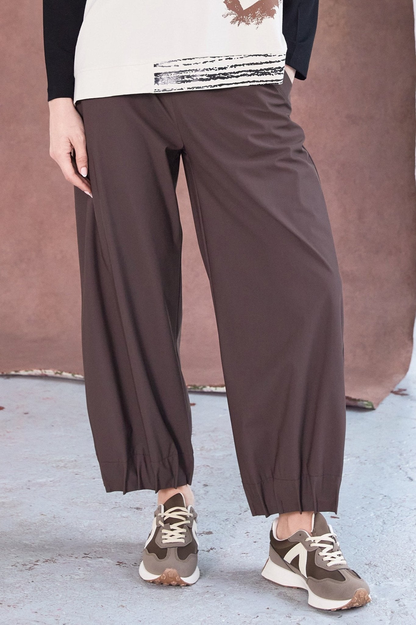 Naya NAW25153 Cocoa Brown Wide Leg Trouser with Tuck Hem Detail - Dotique - Naya