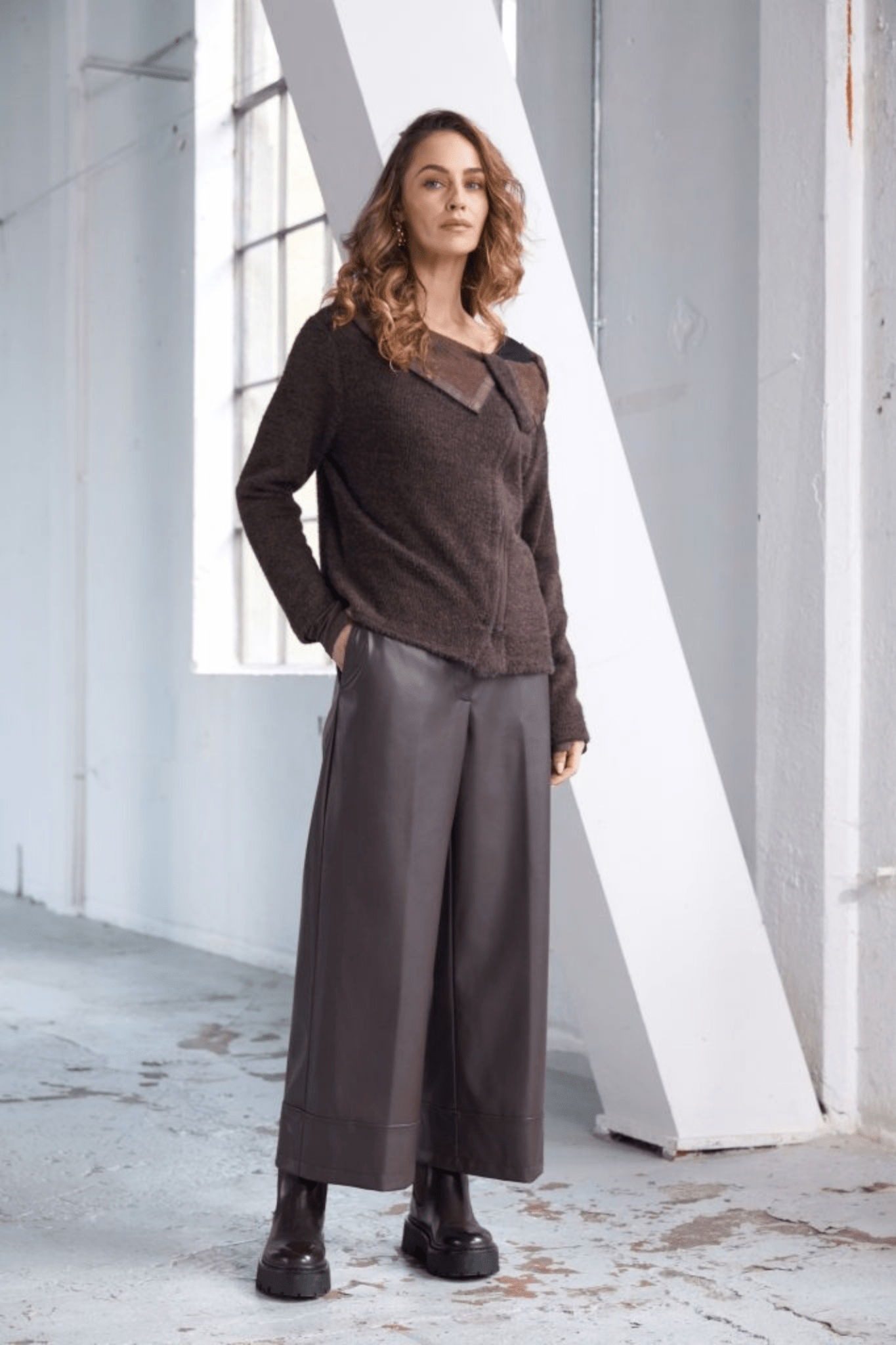 Naya NAW25162 Cocoa Brown Mohair Look Knit with Cut away Collar and Zip Detail - Dotique - Naya
