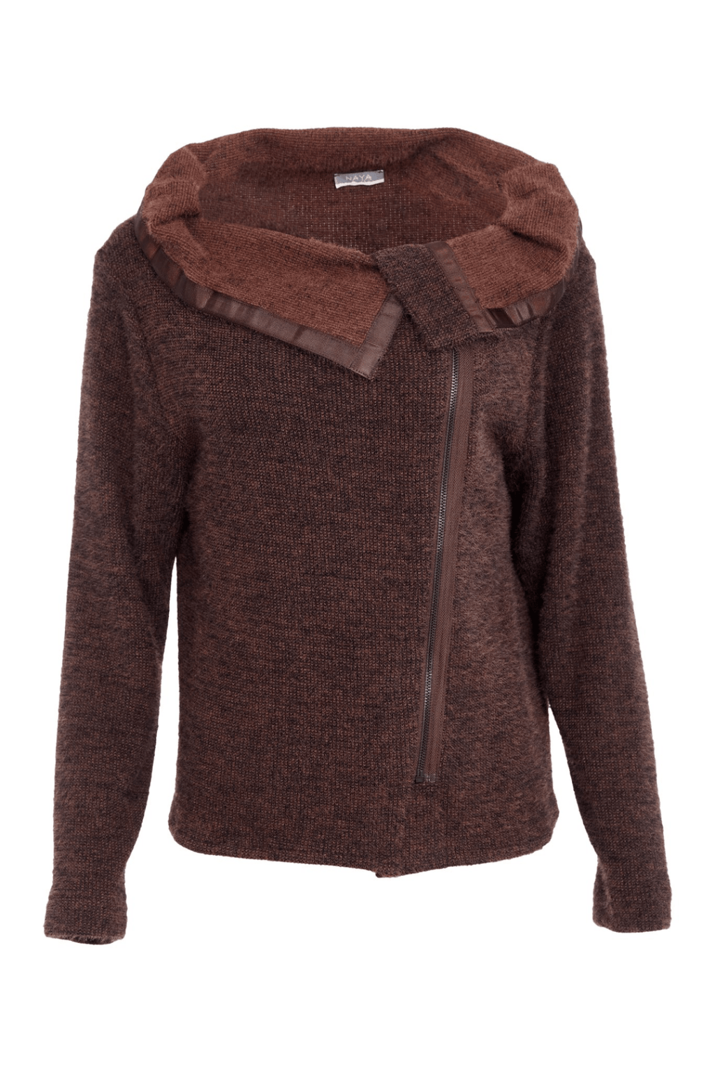 Naya NAW25162 Cocoa Brown Mohair Look Knit with Cut away Collar and Zip Detail - Dotique - Naya