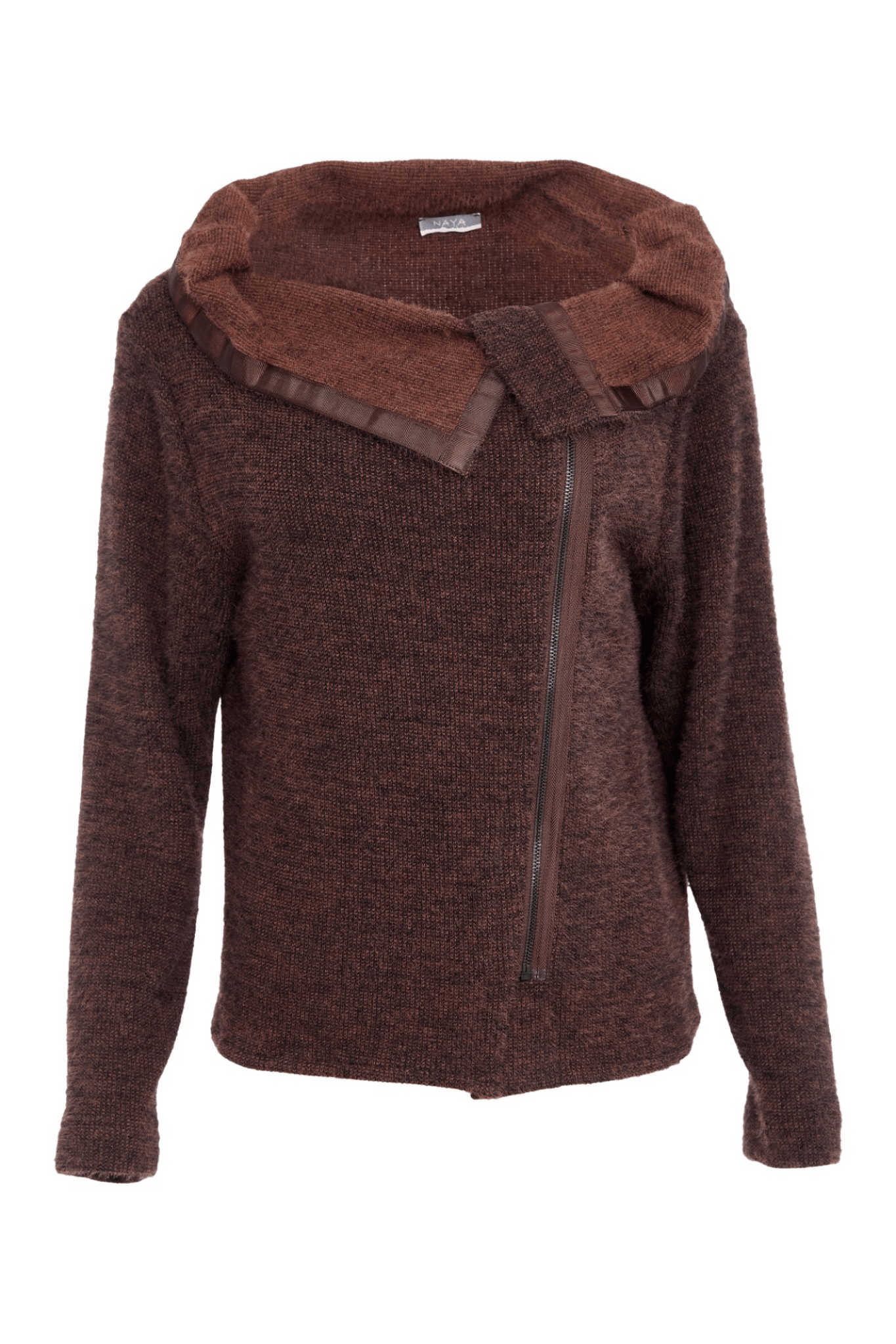Naya NAW25162 Cocoa Brown Mohair Look Knit with Cut away Collar and Zip Detail - Dotique - Naya