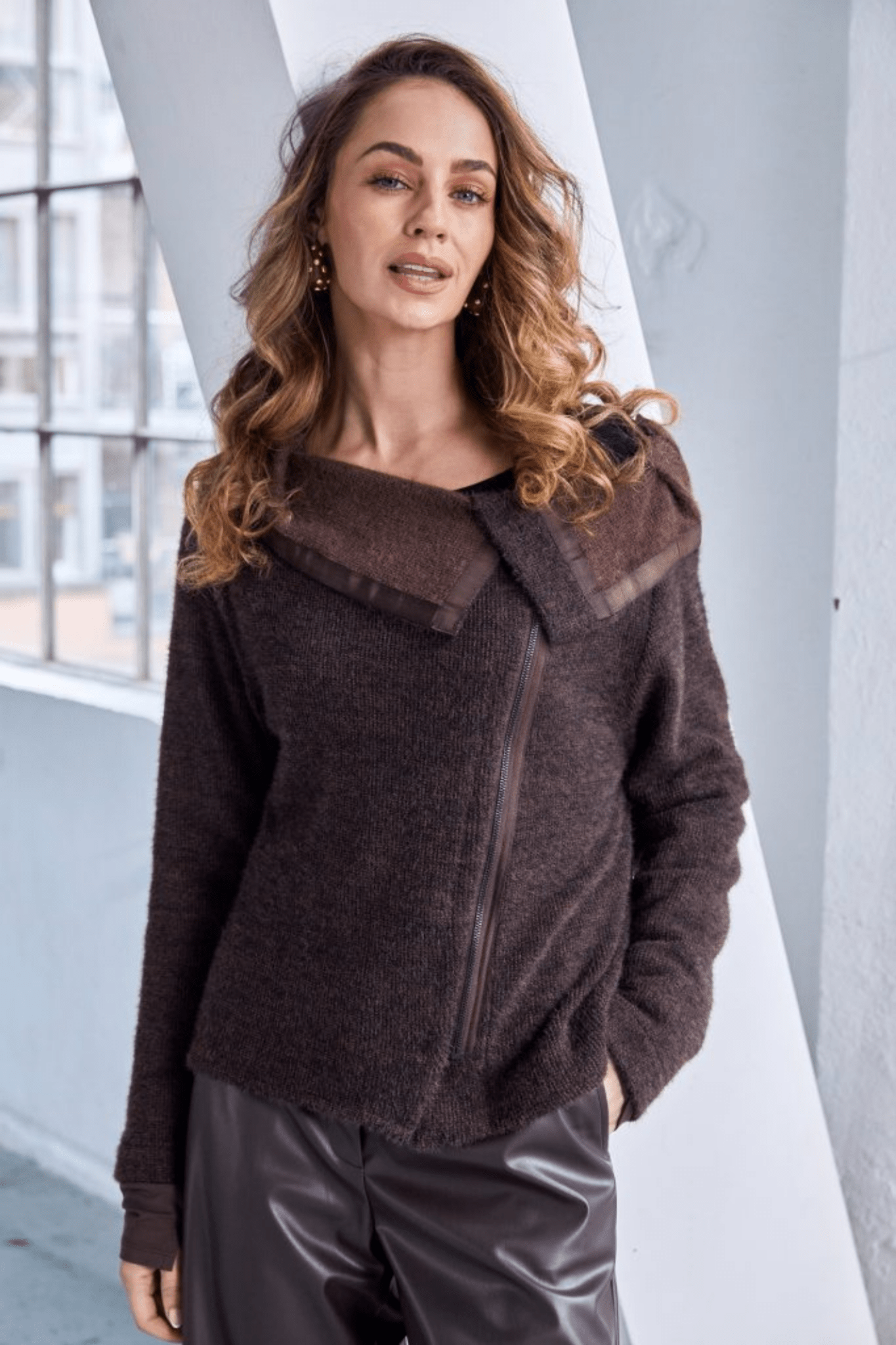 Naya NAW25162 Cocoa Brown Mohair Look Knit with Cut away Collar and Zip Detail - Dotique - Naya