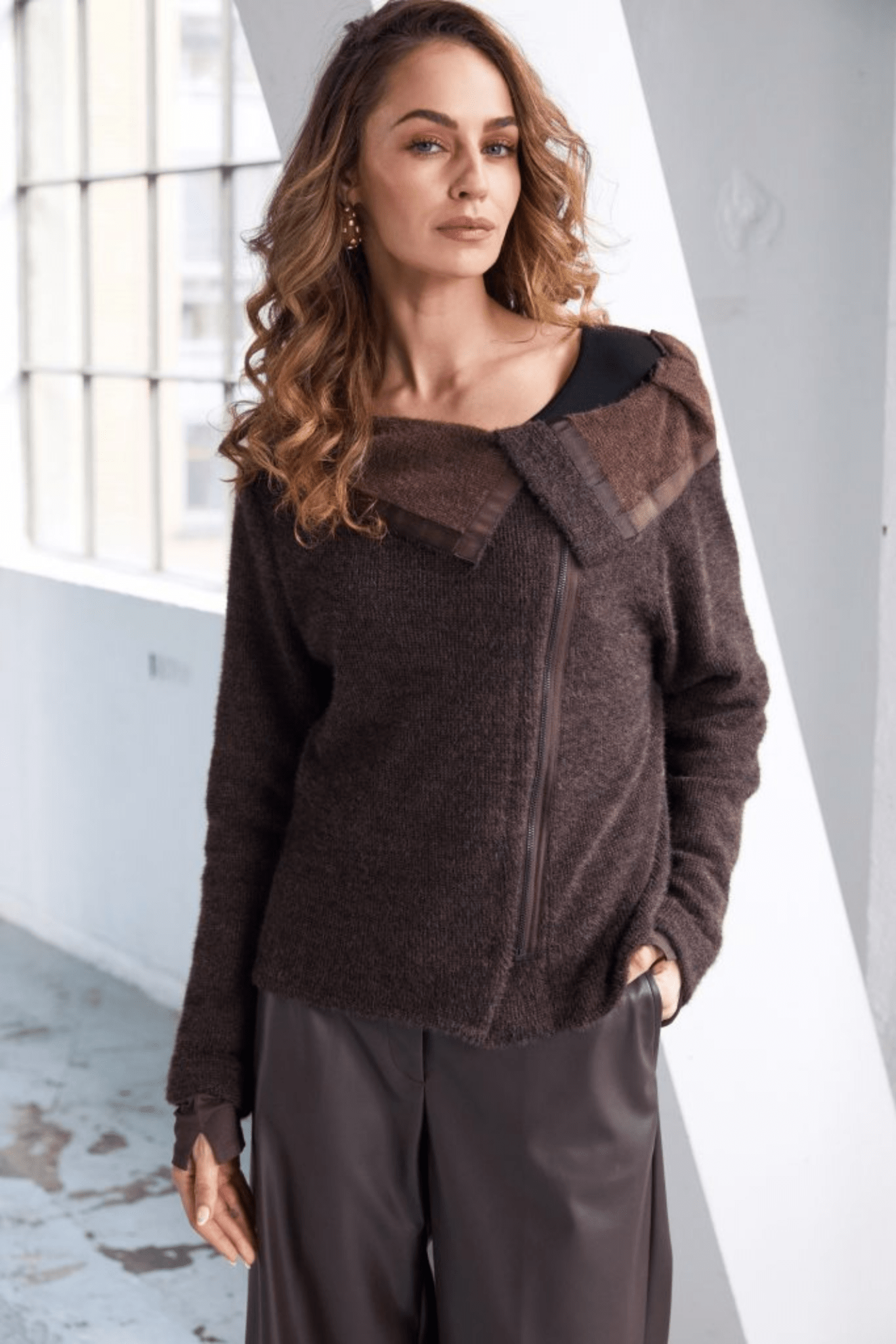 Naya NAW25162 Cocoa Brown Mohair Look Knit with Cut away Collar and Zip Detail - Dotique - Naya