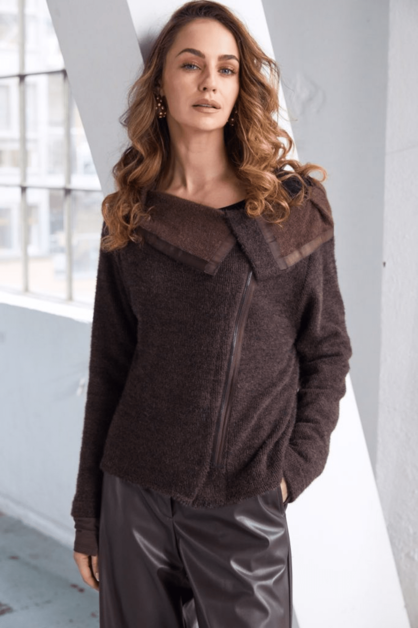 Naya NAW25162 Cocoa Brown Mohair Look Knit with Cut away Collar and Zip Detail - Dotique - Naya