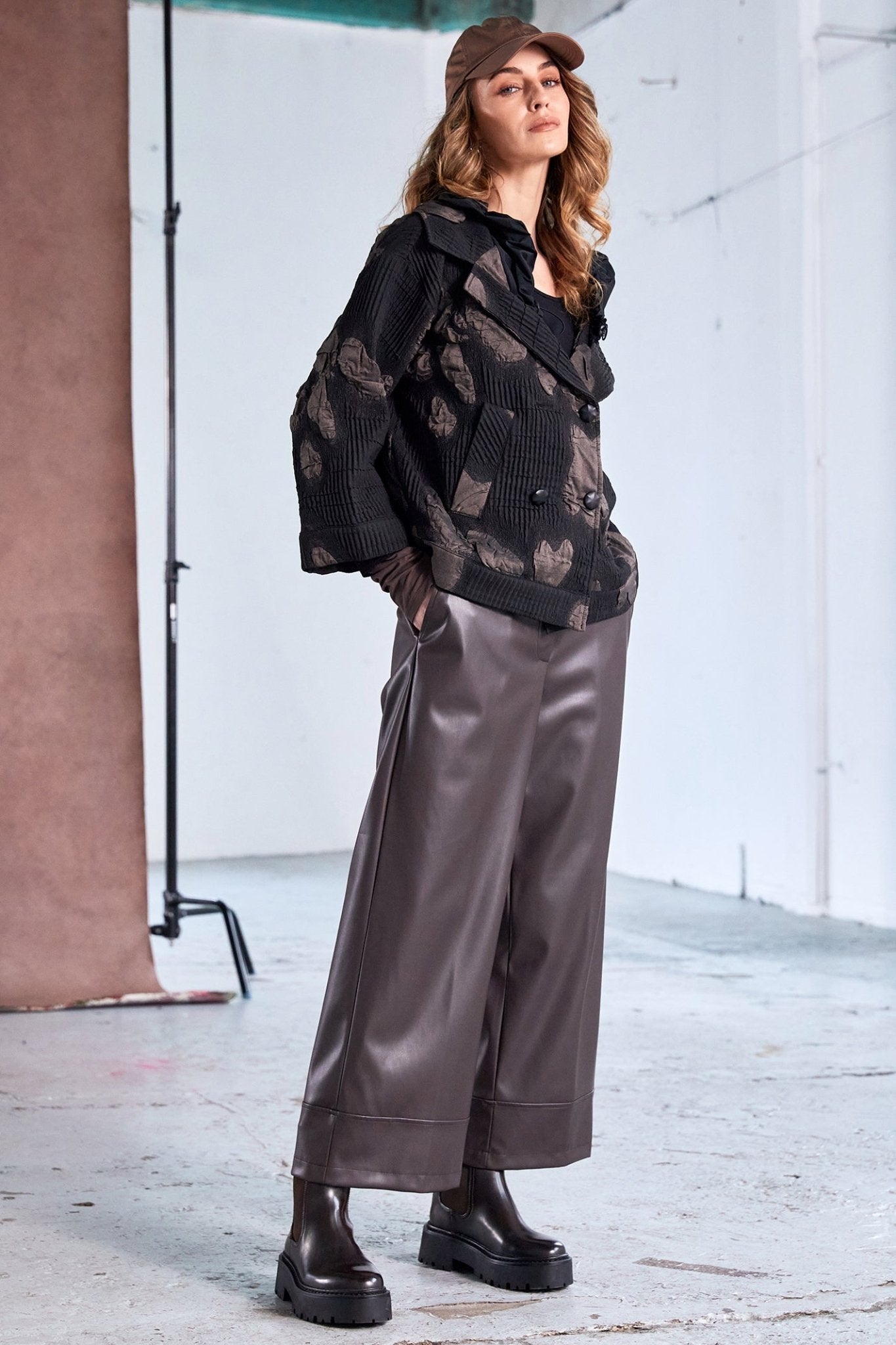 Naya NAW25186 Double Breasted Jacquard Jacket Metal Crushed Collar – Black Brown 973 - Dotique - Naya