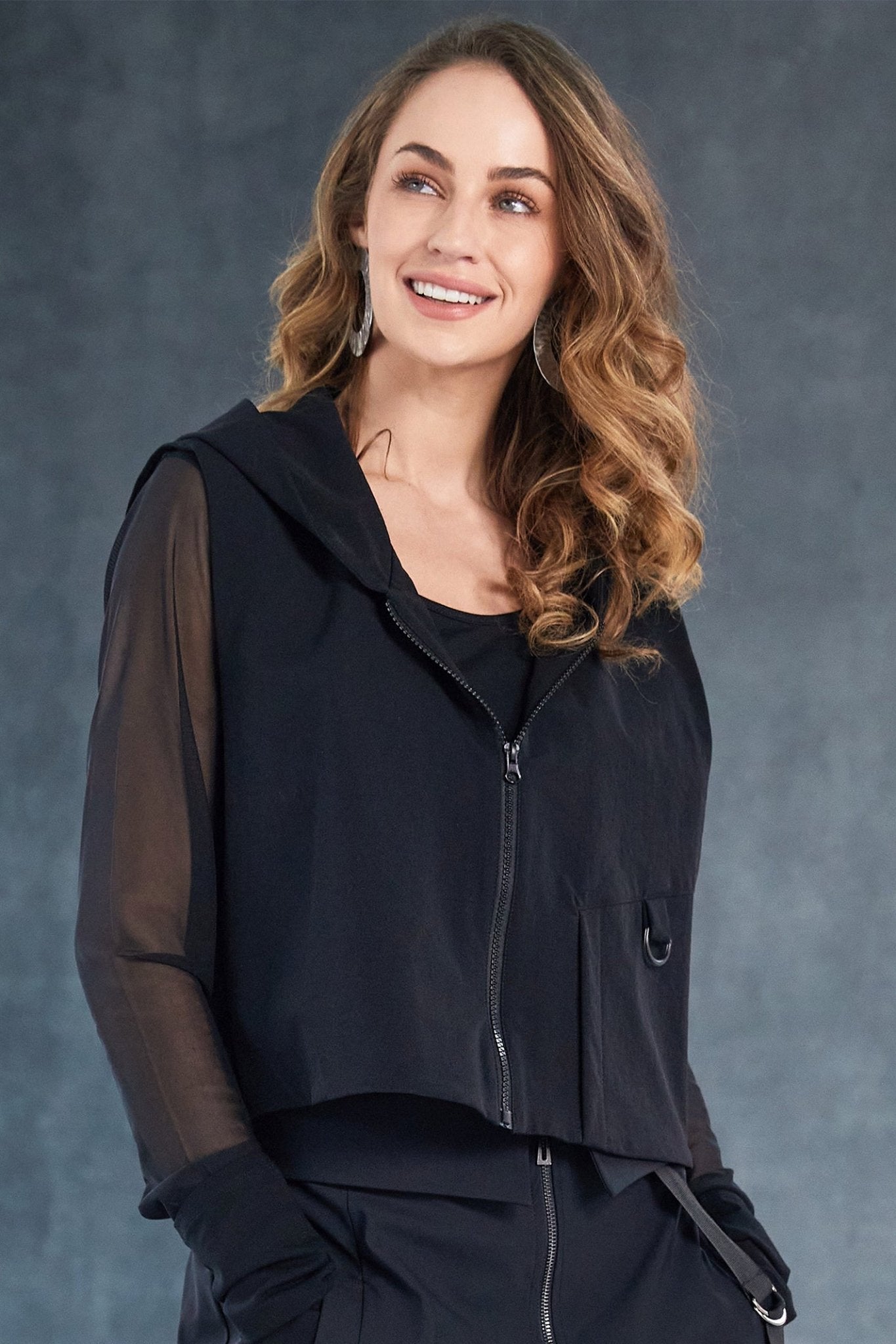Naya NAW25194 Black Hooded Waistcoat with D Ring trim at Pocket - Dotique - Naya