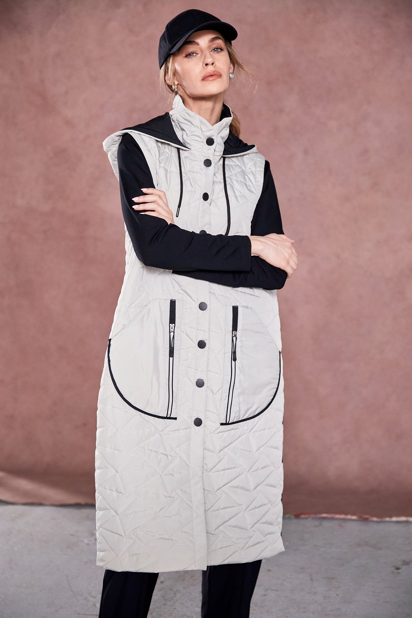 Naya NAW25209 Taupe Padded Long Line Gilet with Contrast Zips and Trims – Colour 779