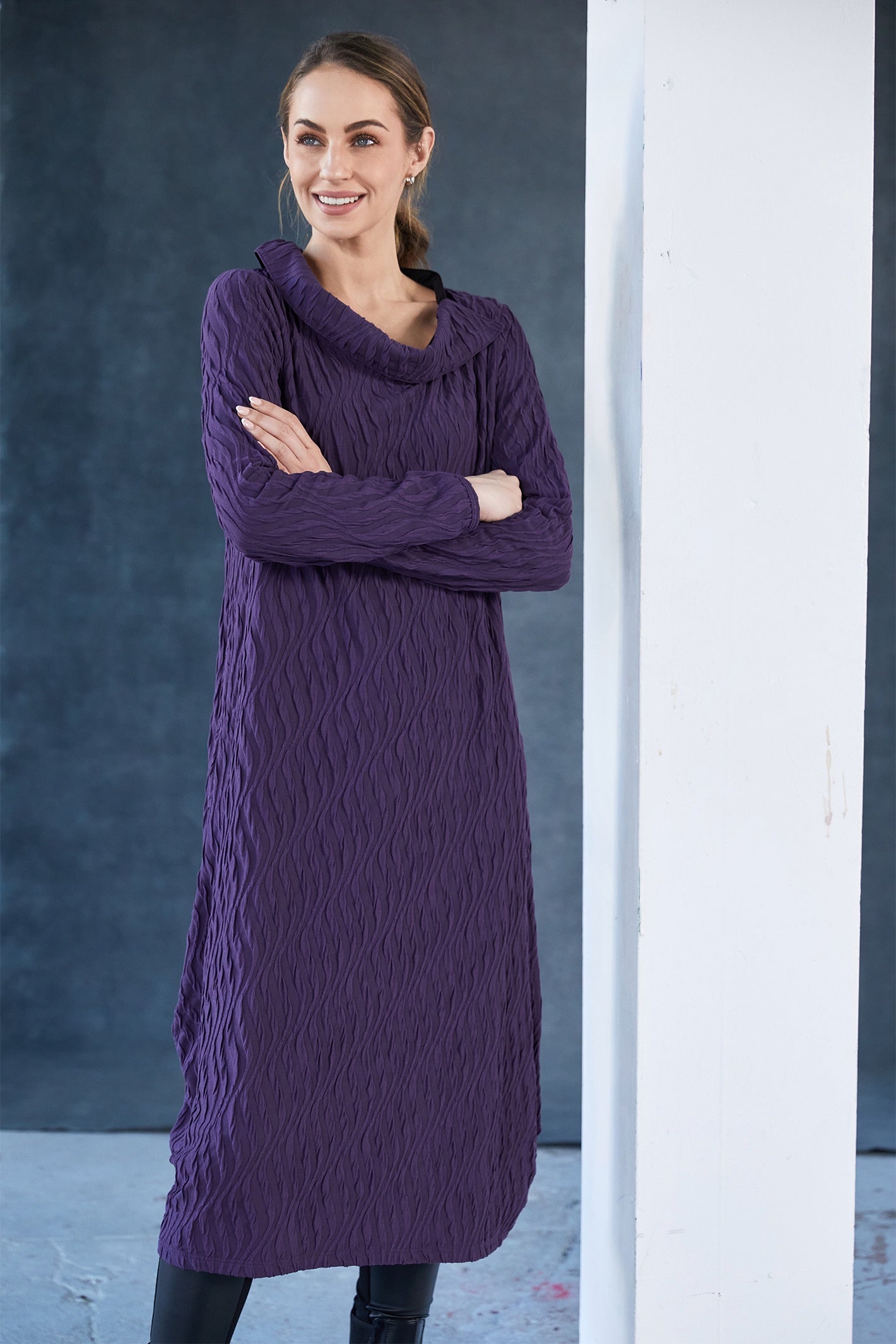 Naya NAW25231 Purple Embossed Knit Dress with Cut Away Collar – Colour 41