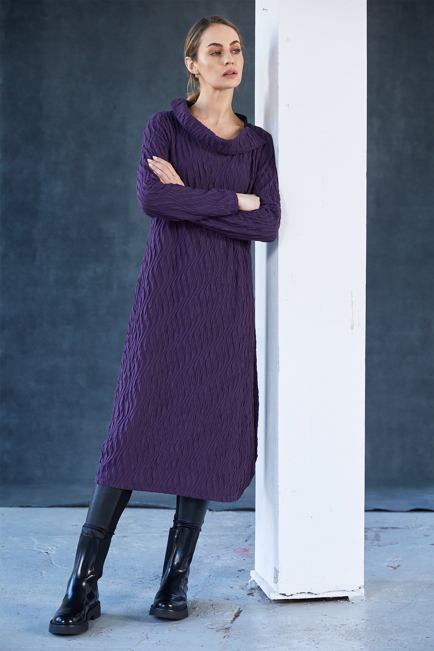Naya NAW25231 Purple Embossed Knit Dress with Cut Away Collar – Colour 41